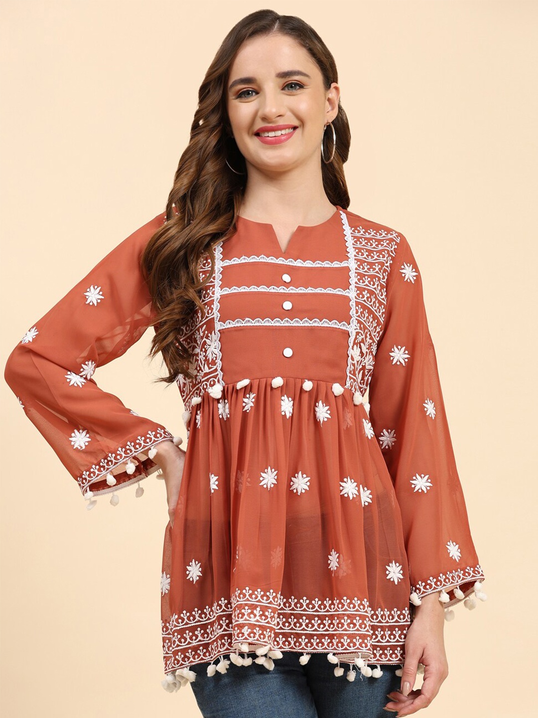 

Growish Ethnic Motifs Embroidered Georgette A-Line Kurti, Coffee brown