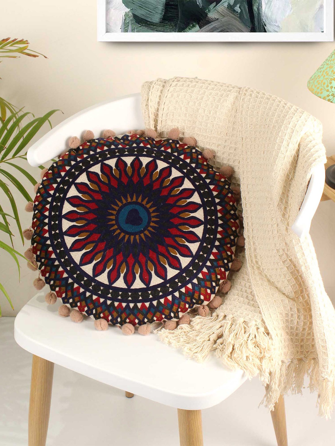 

SANSKRUTIHOMES Red & Navy Blue Embroidered Round Cushion Cover