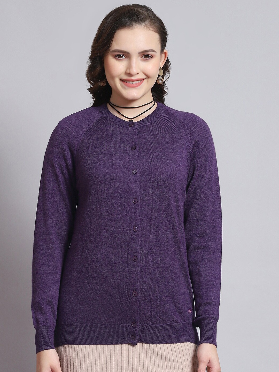 

Monte Carlo Round Neck Woollen Cardigan Sweater, Purple