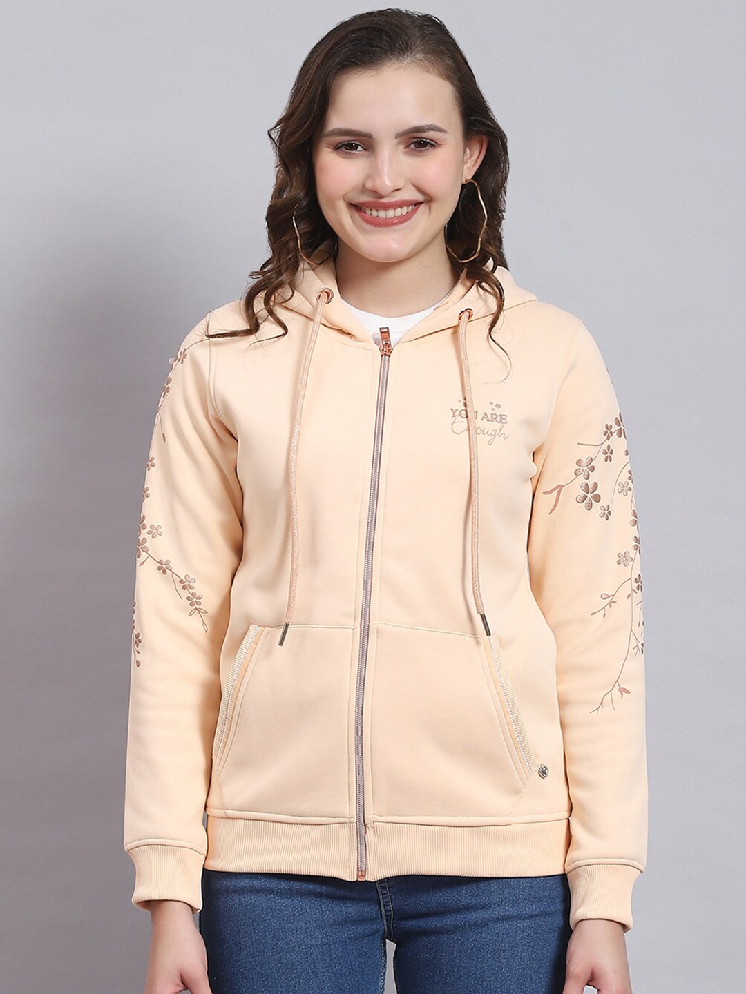

Monte Carlo Floral Printed Hooded Front Open Sweatshirt, Beige