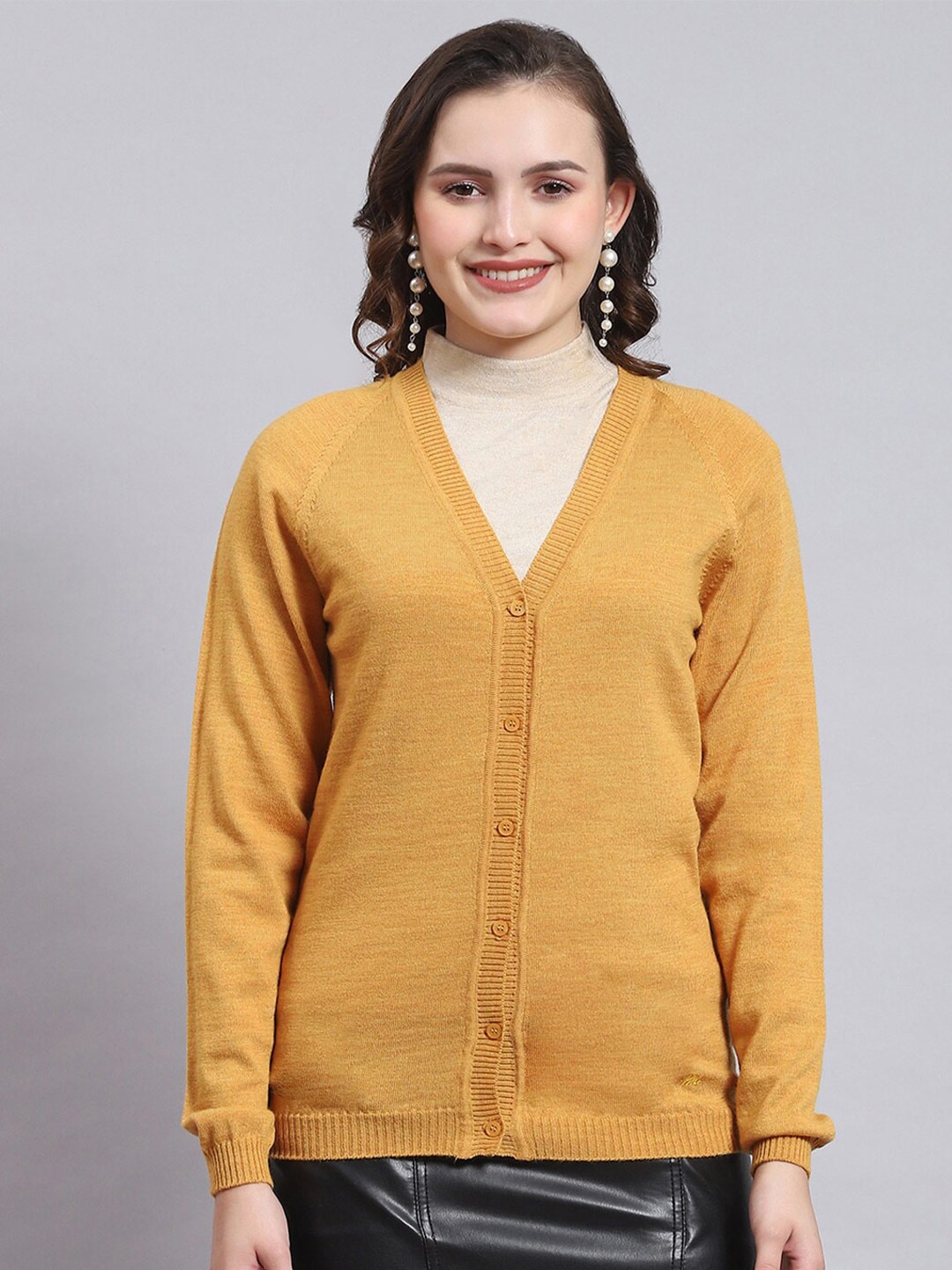 

Monte Carlo V-Neck Woolen Cardigan, Mustard
