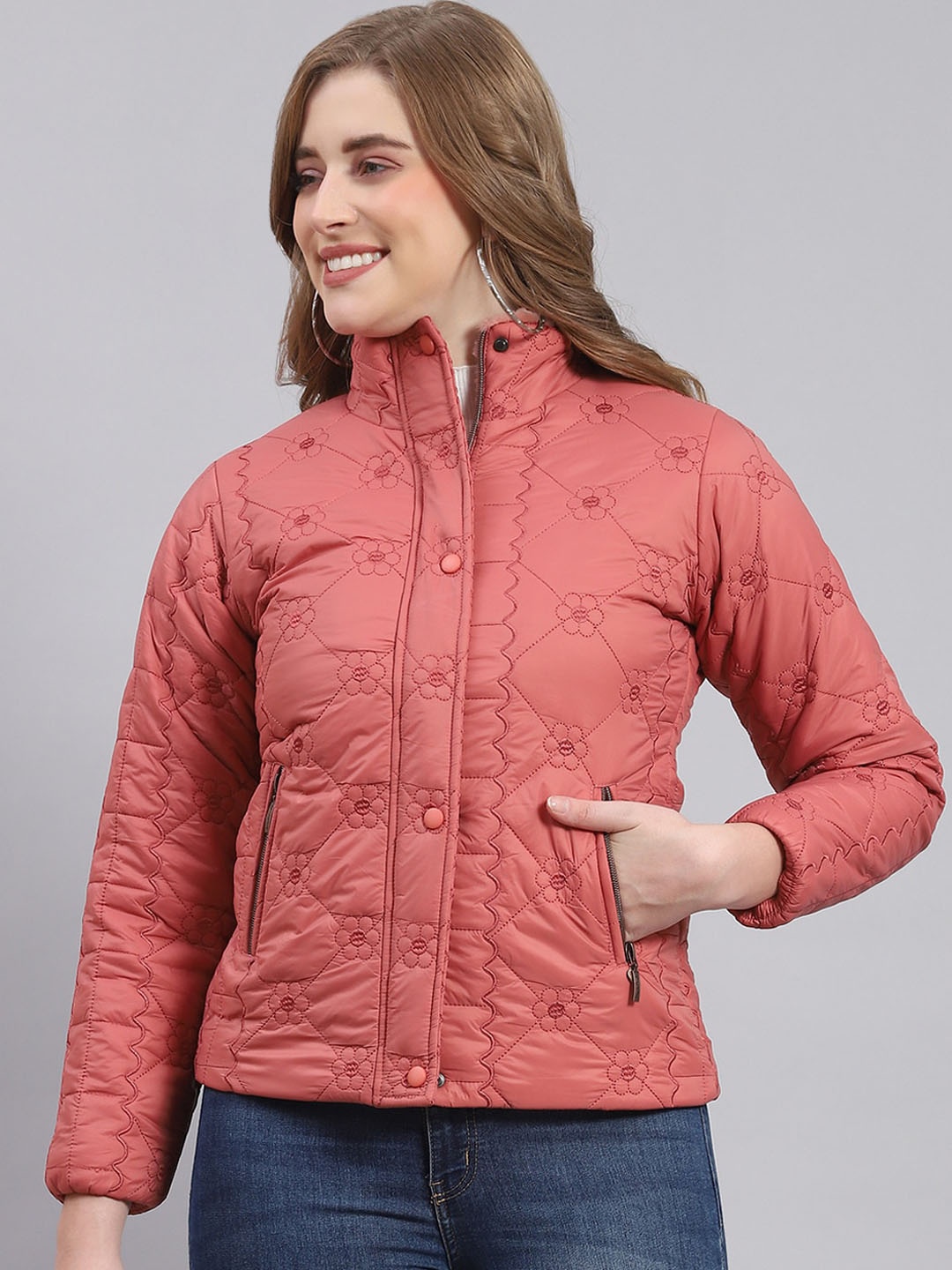 

Monte Carlo Printed Mock Collar Lightweight Padded Jacket, Coral