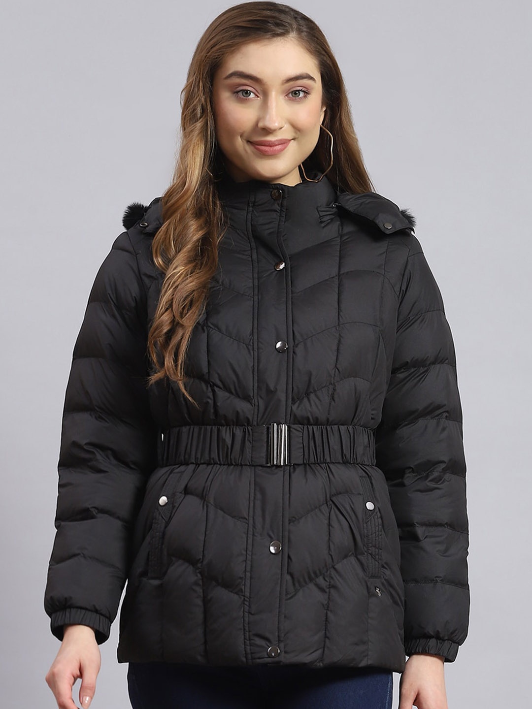 

Monte Carlo Hood Lightweight Belted Puffer Jacket, Black