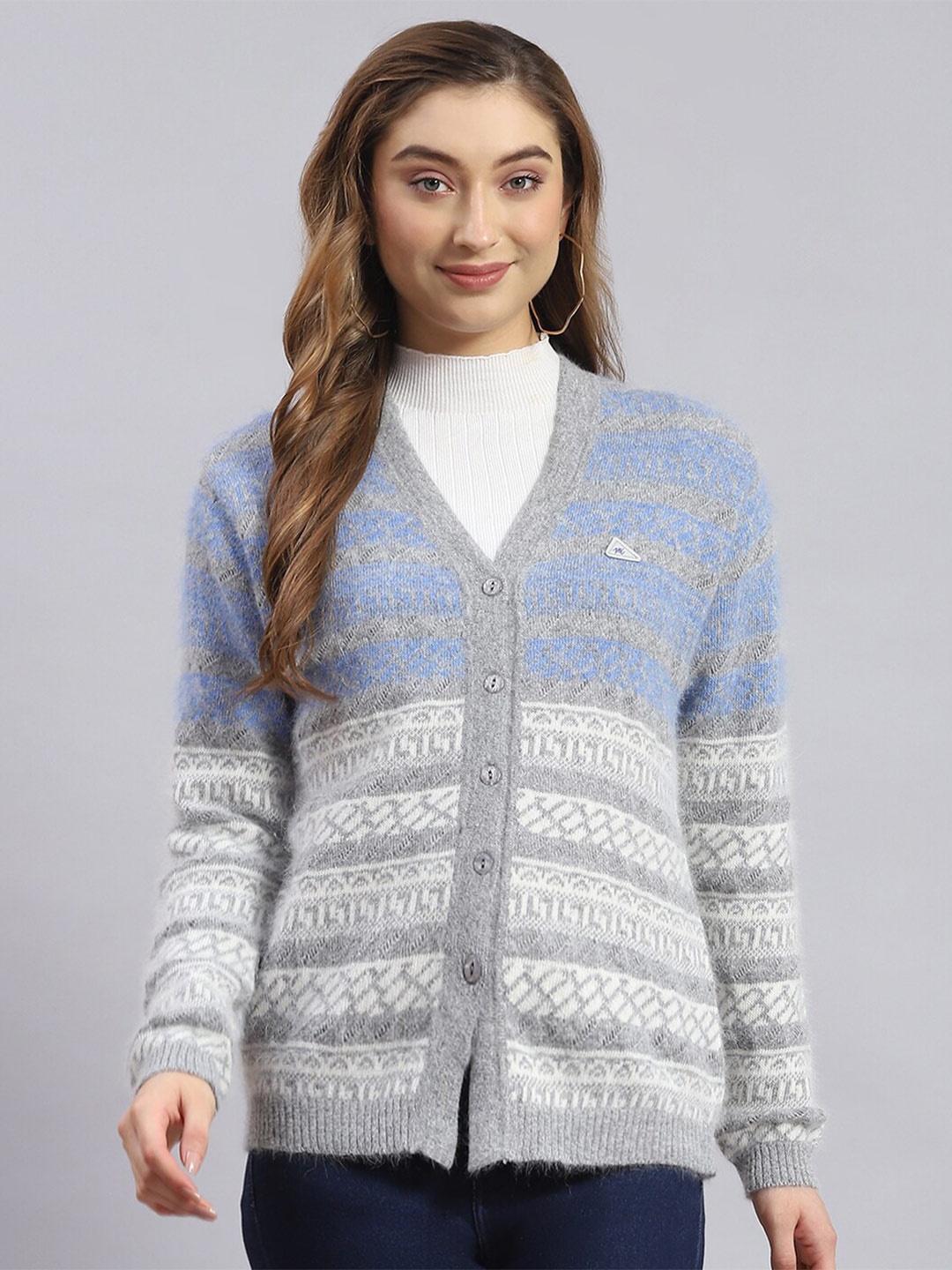 

Monte Carlo Striped Woolen Cardigan Sweater With Fuzzy Detail, Blue