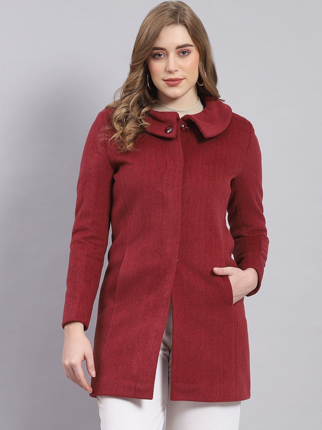 

Monte Carlo Self-Designed Spread Collar Woollen Overcoat, Maroon