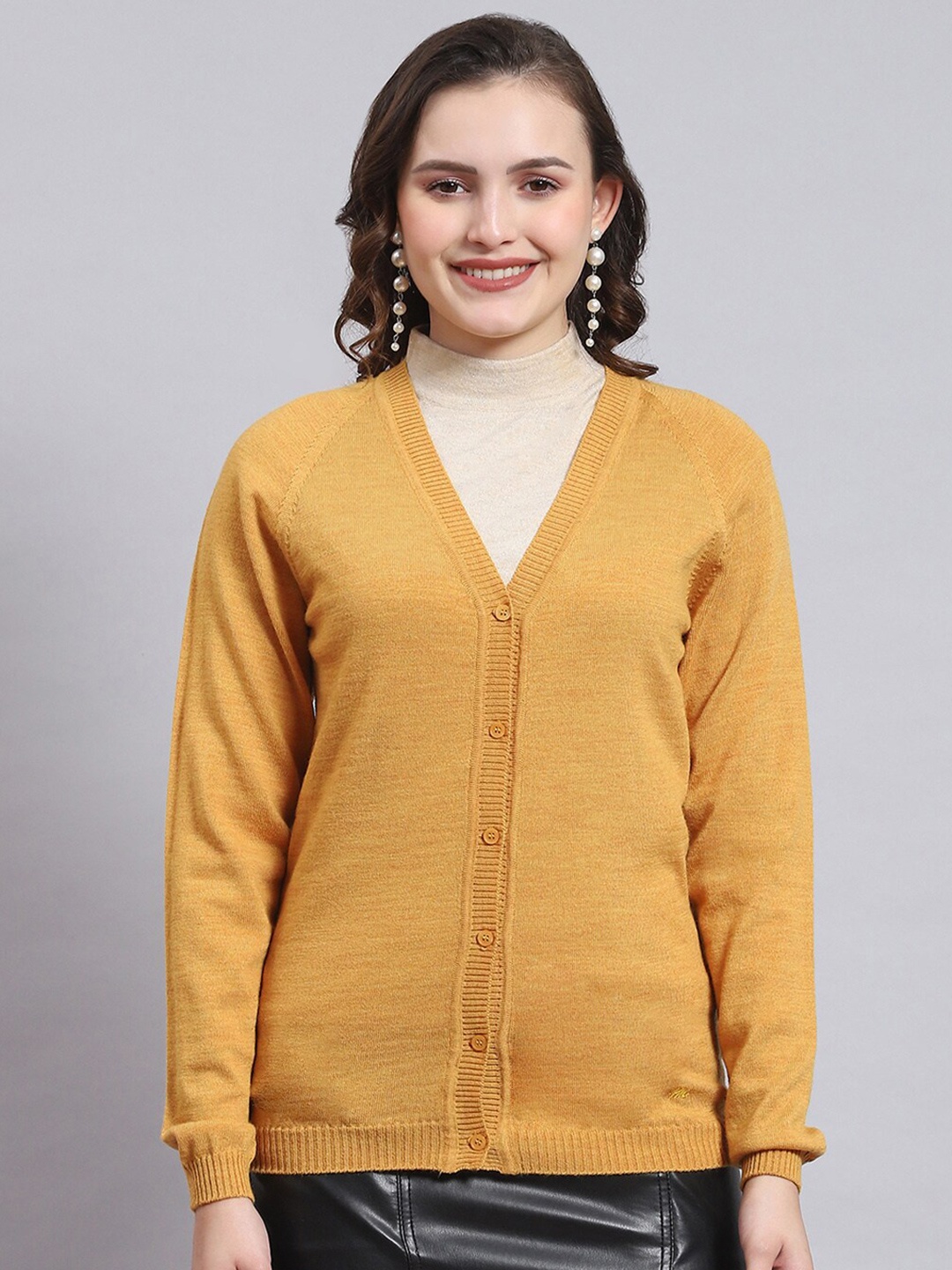 

Monte Carlo V-Neck Woolen Cardigan Sweater, Mustard