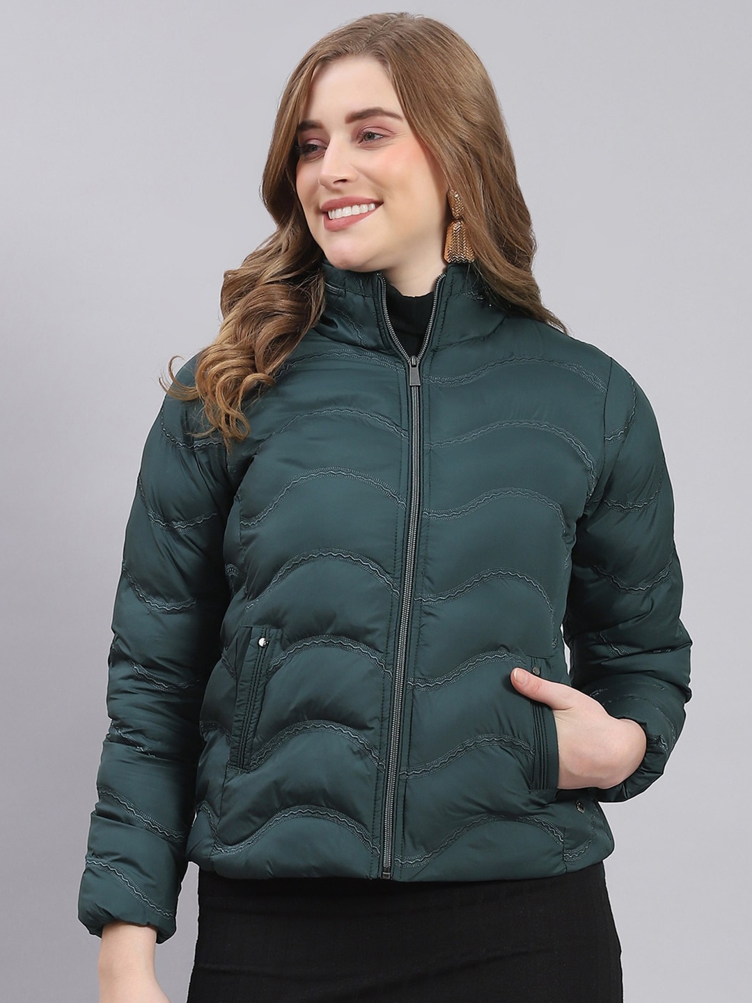 

Monte Carlo Self Design Mock Collar Lightweight Puffer Jacket, Teal