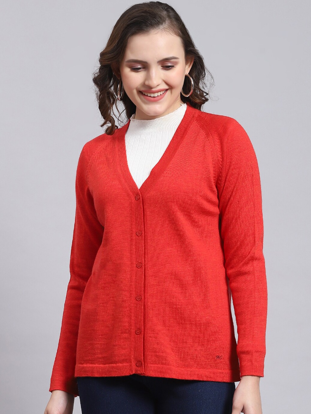 

Monte Carlo Long Sleeves V-Neck Woollen Cardigan, Red