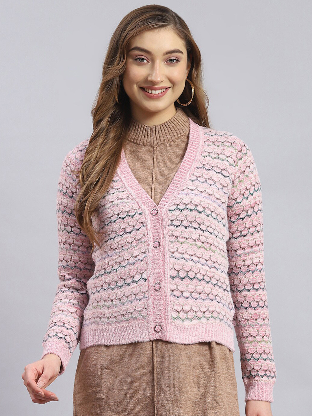 

Monte Carlo Self Design Woollen Cardigan, Pink