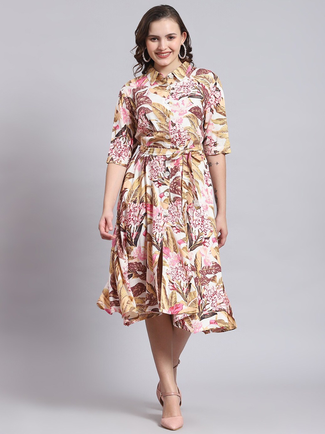 

Monte Carlo Floral Printed Shirt Style Midi Dress, White