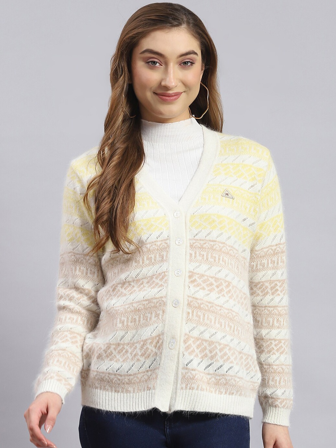 

Monte Carlo V-Neck Geometric Printed Woollen Cardigan, Off white
