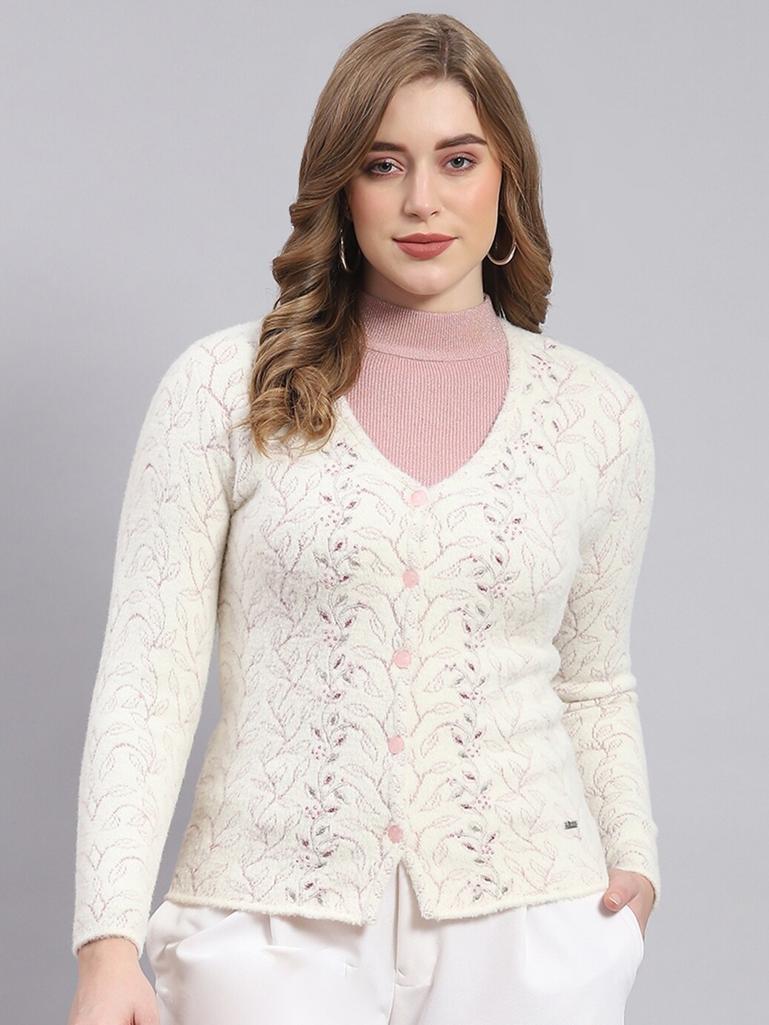 

Monte Carlo Self Design Woollen Cardigan Sweater, Off white