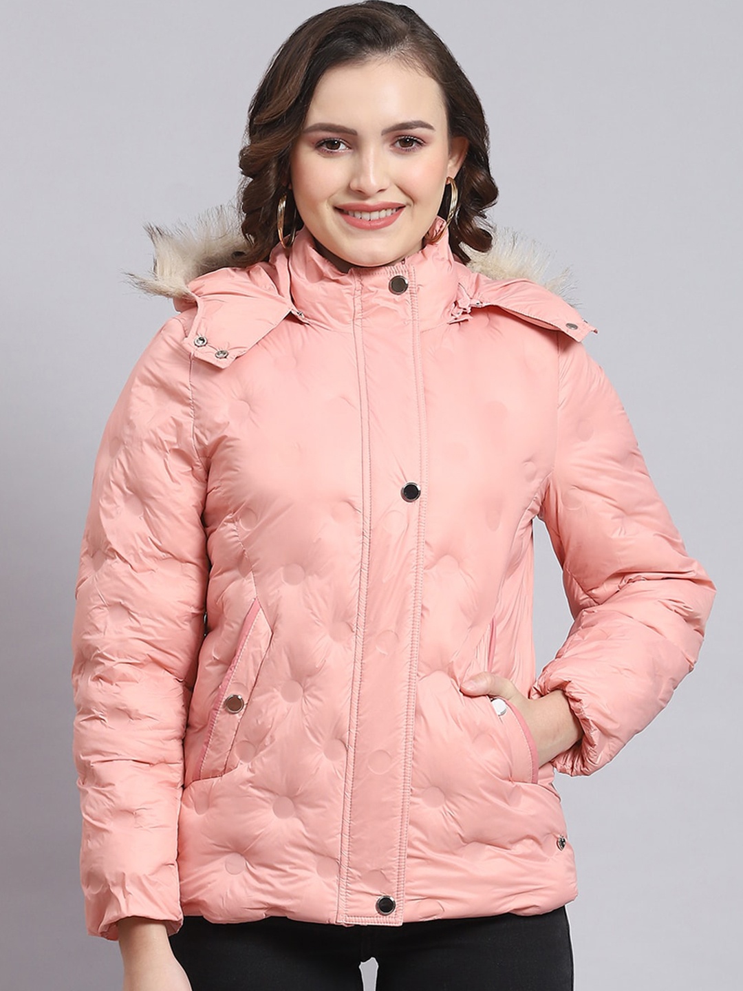 

Monte Carlo Self Design Faux Fur Trim Lightweight Parka Jacket, Pink