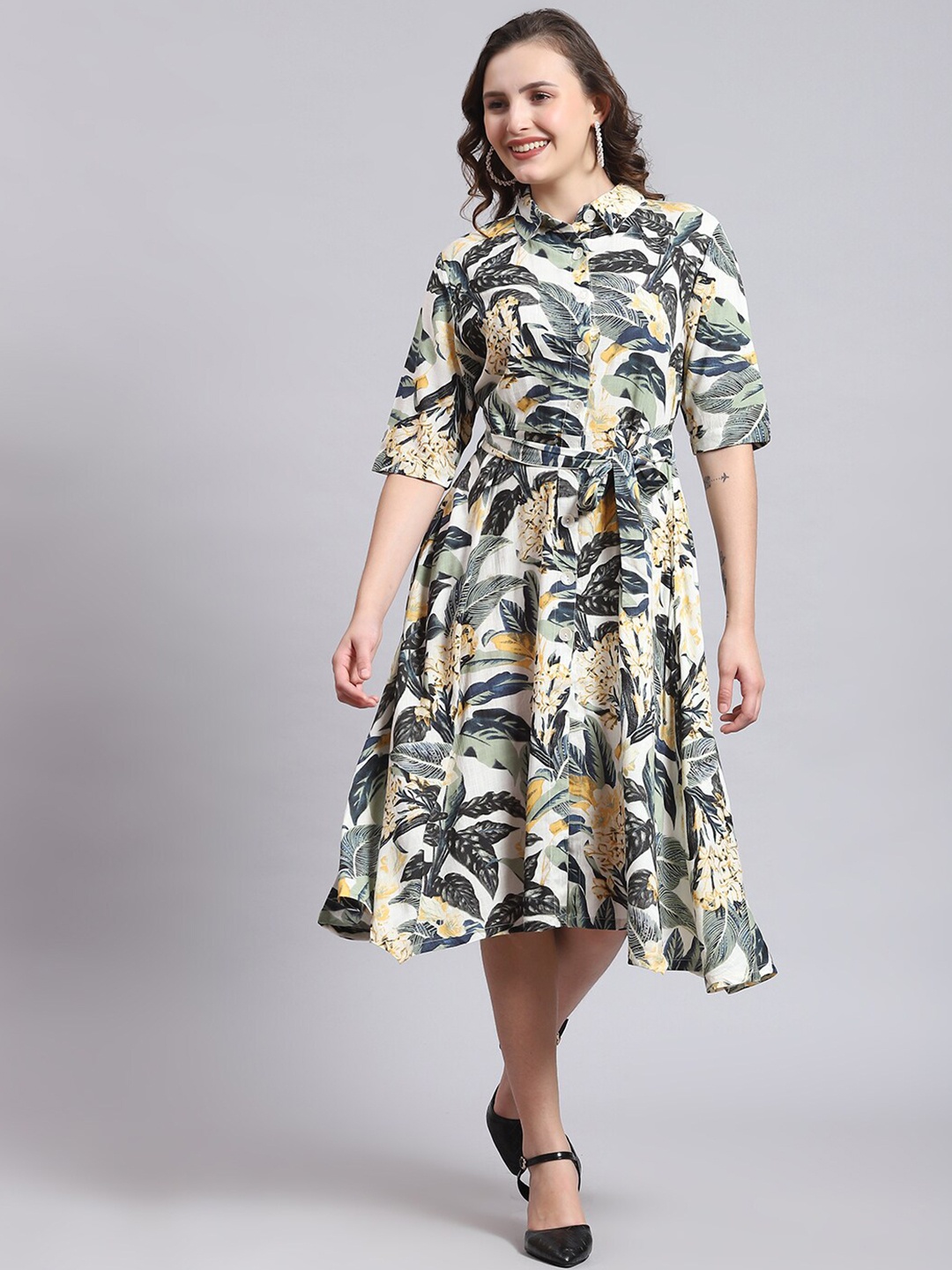 

Monte Carlo Floral Printed Belted Shirt Style Midi Dress, White
