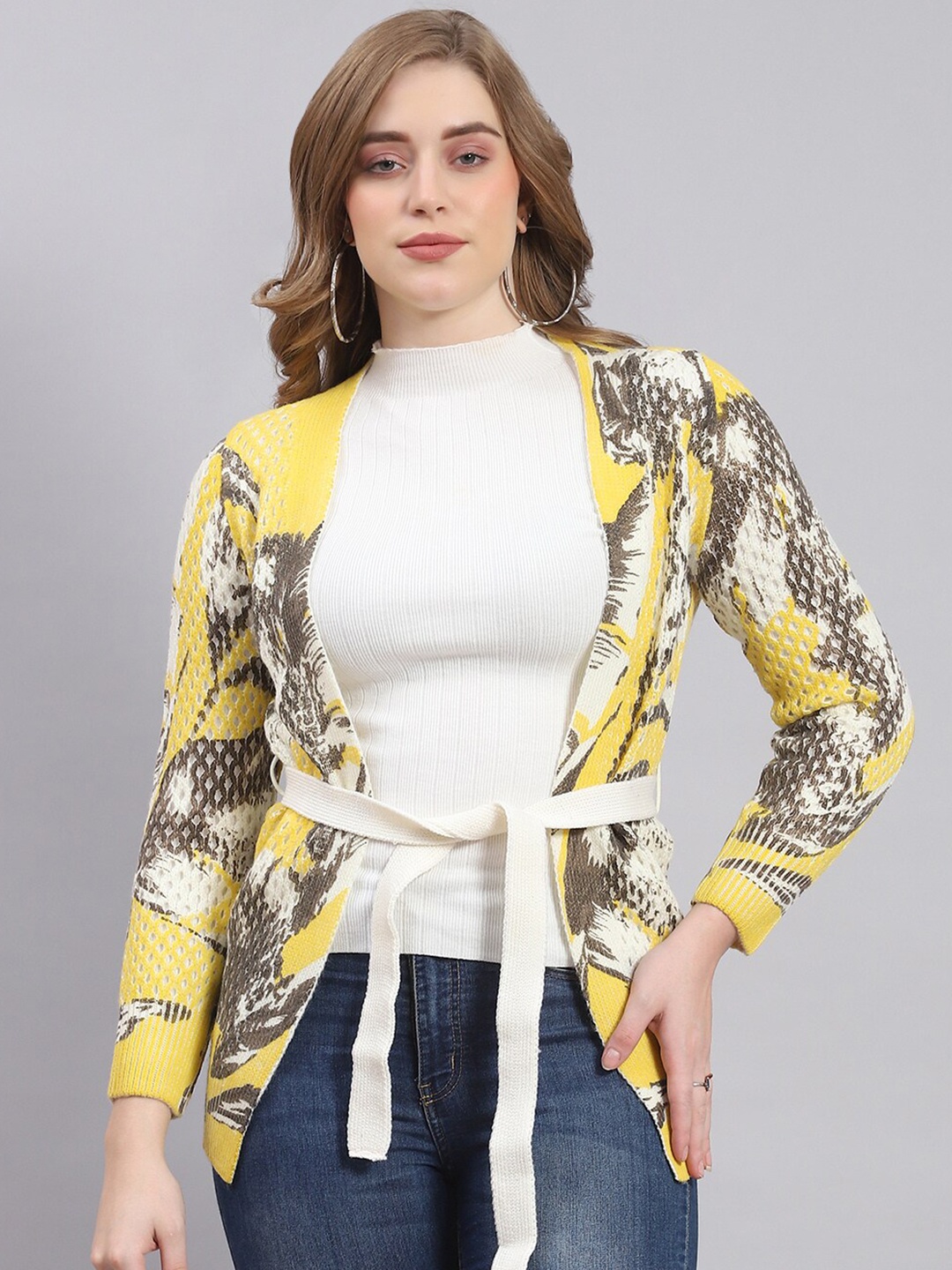 

Monte Carlo Printed Woollen Front-Open Sweater, Yellow