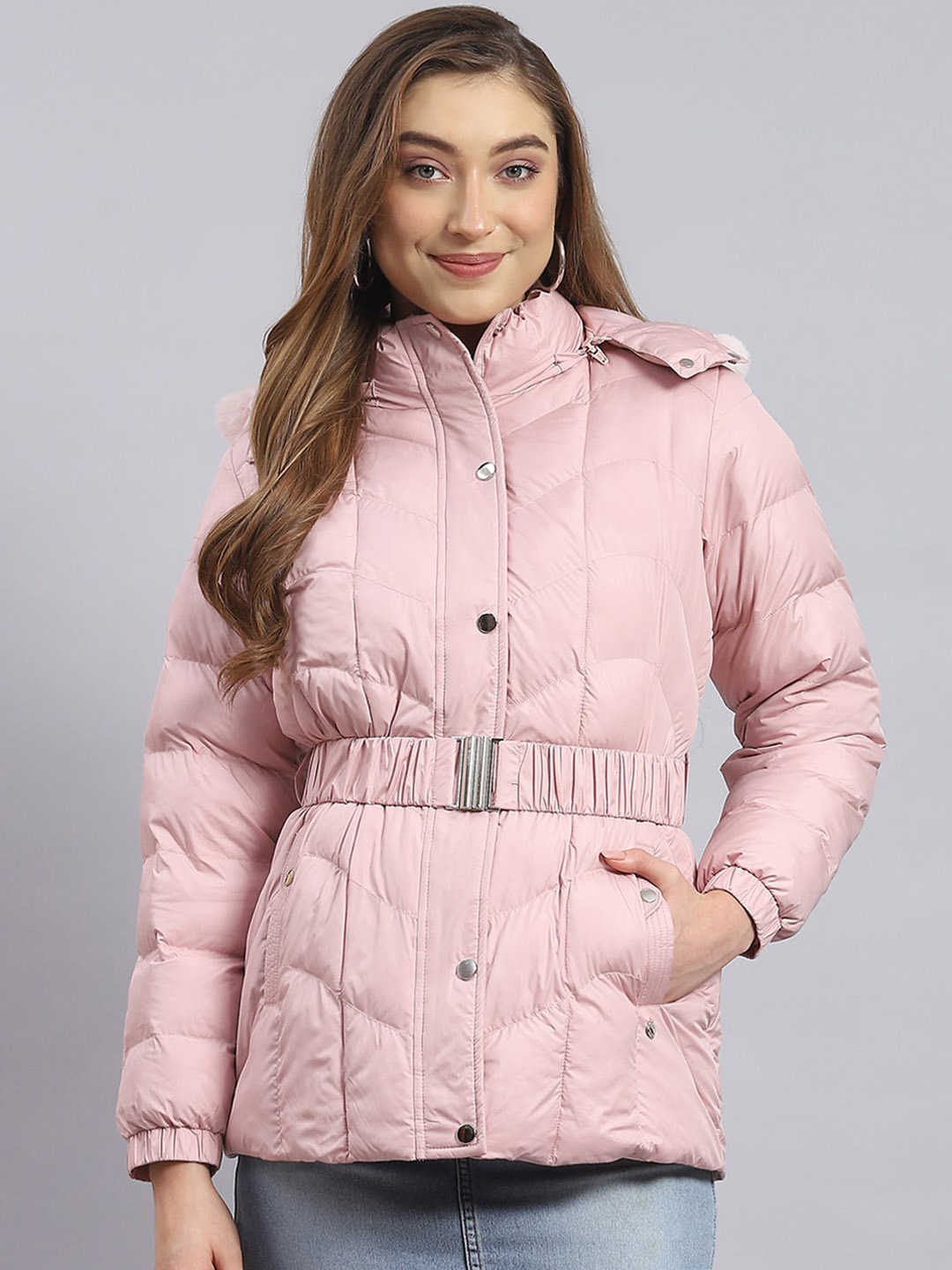 

Monte Carlo Faux Fur Trim Lightweight Longline Padded Jacket, Pink