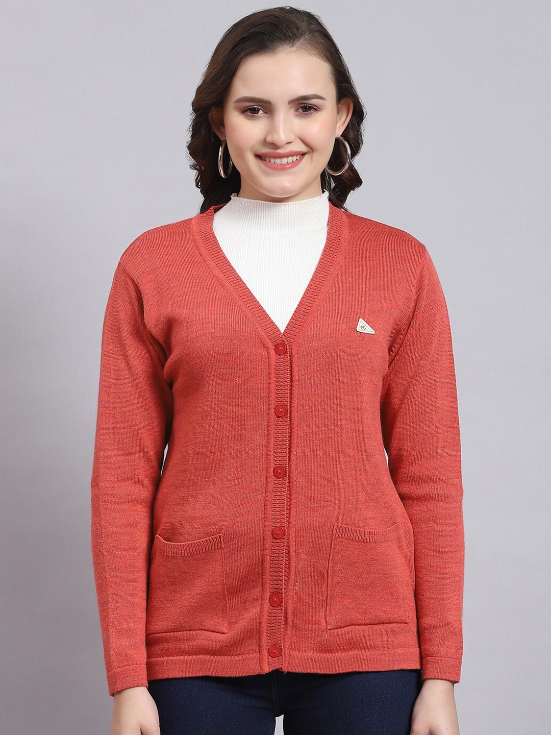 

Monte Carlo Ribbed V-Neck Long Sleeves Pure Wool Cardigan Sweater, Rust