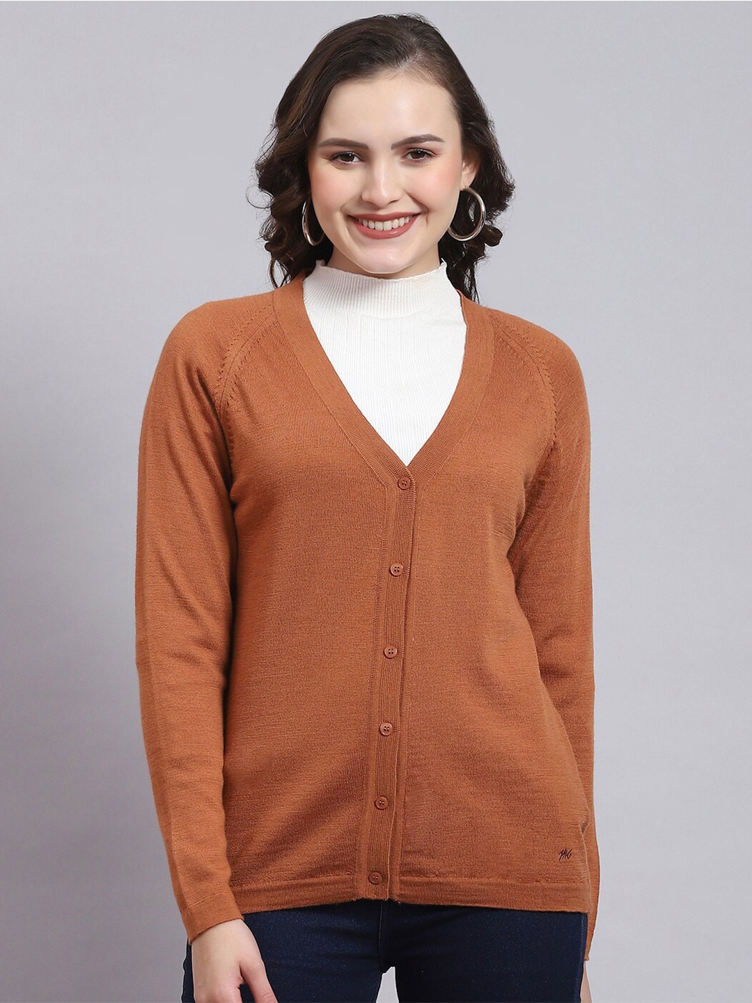 

Monte Carlo V-Neck Long Sleeves Pure Wool Cardigan Sweater, Brown