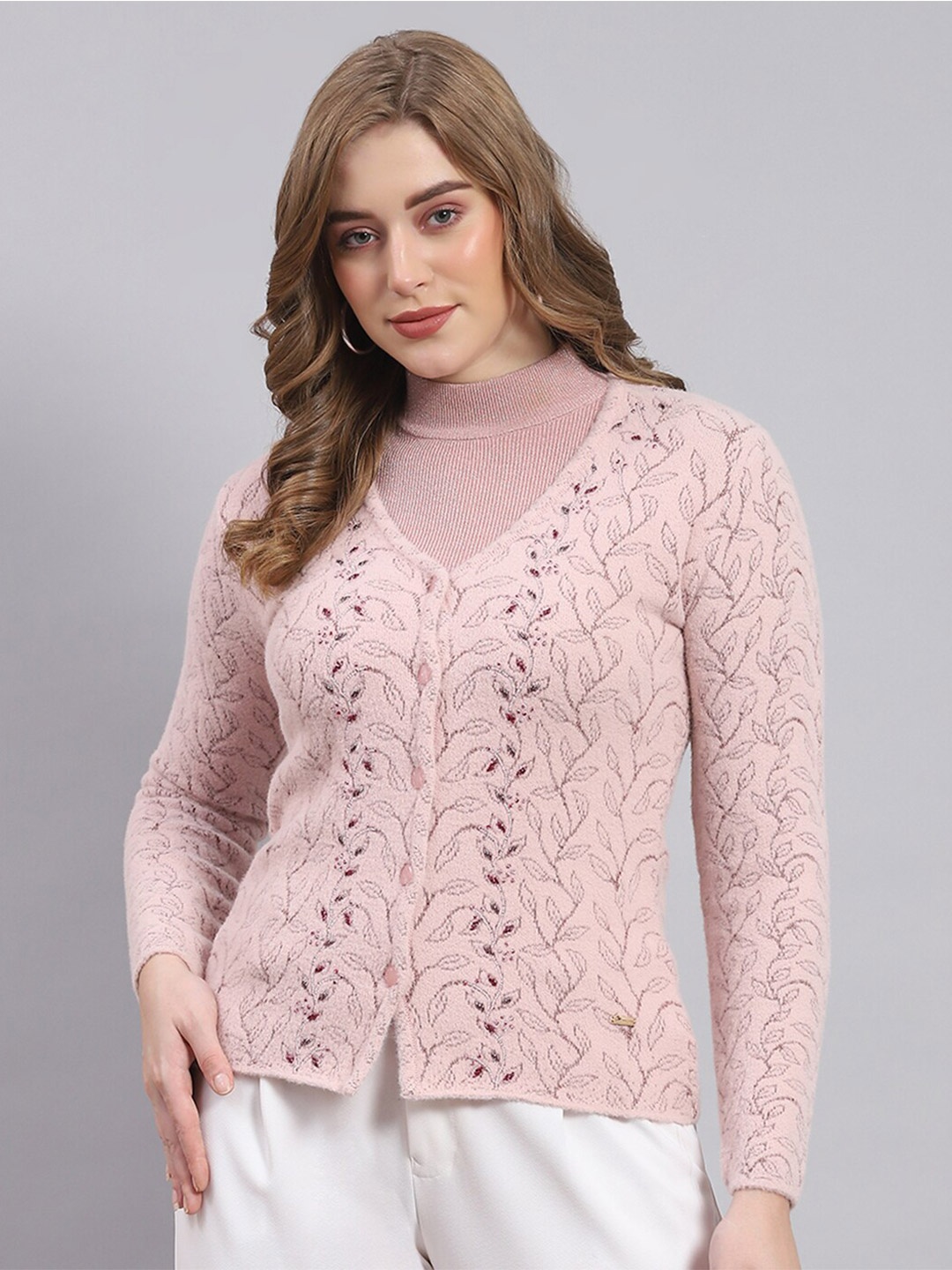 

Monte Carlo Embroidered Long Sleeves Sequined Cardigan Sweater, Pink