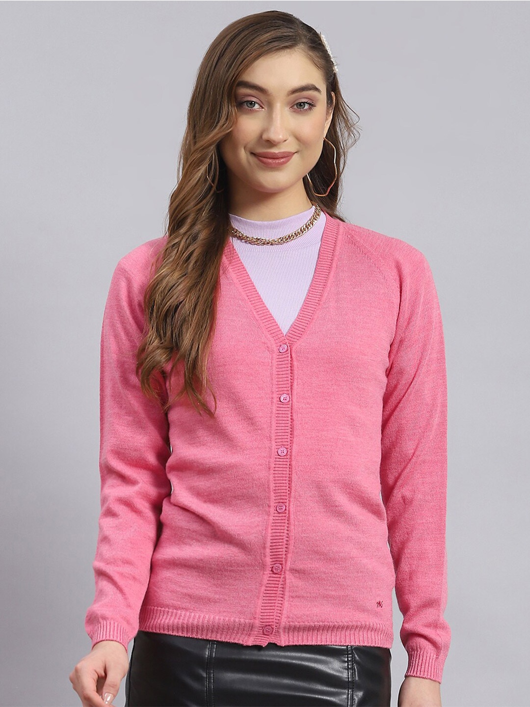 

Monte Carlo V-Neck Woollen Front-Open Sweater, Pink
