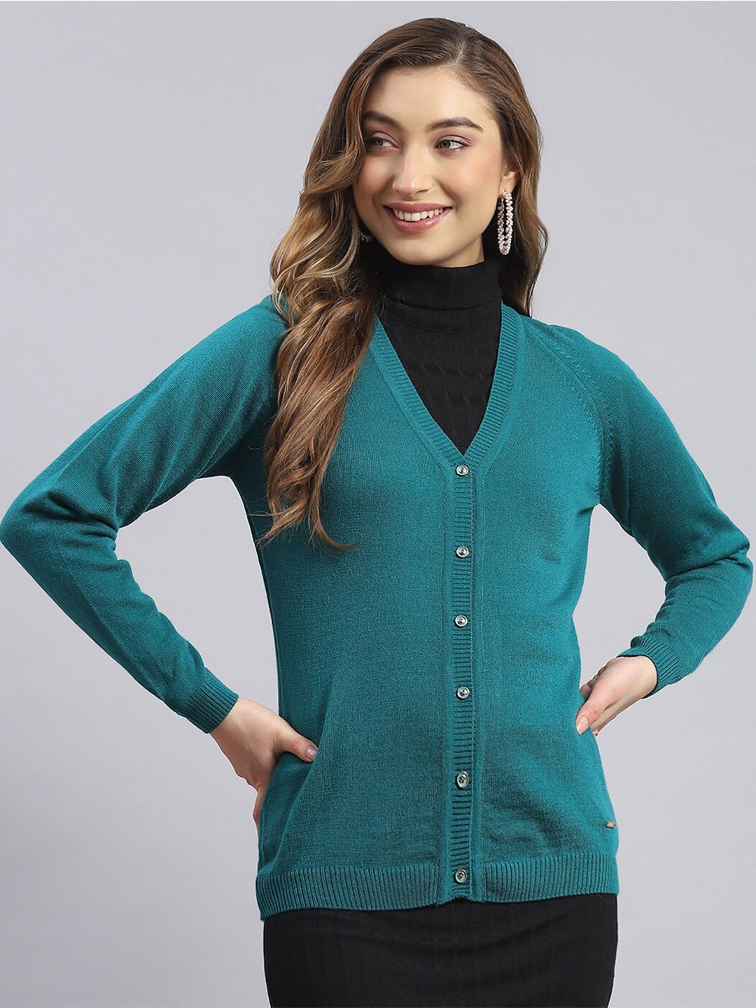 

Monte Carlo V-Neck Woollen Front-Open Sweater, Teal