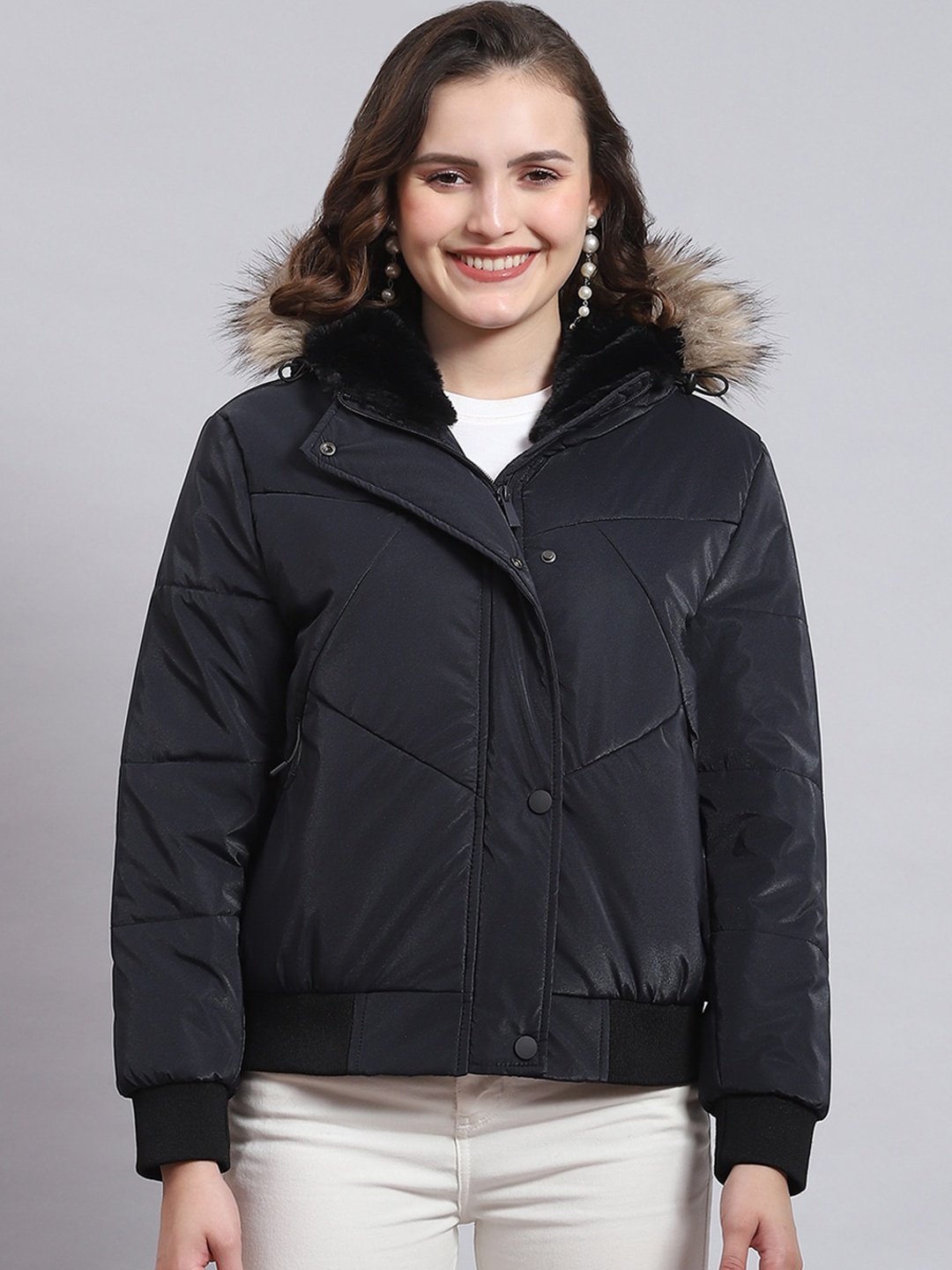 

Monte Carlo Hooded Faux Fur Trim Lightweight Padded Jacket, Navy blue