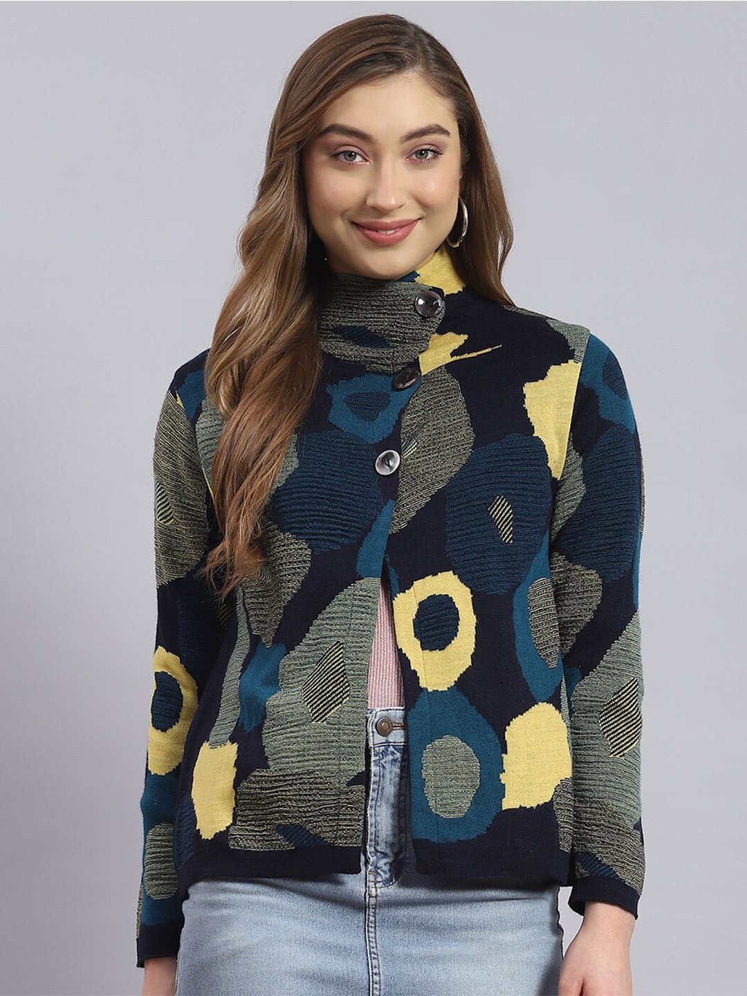 

Monte Carlo Abstarct Printed Turtle Neck Woollen Front-Open Sweater, Navy blue