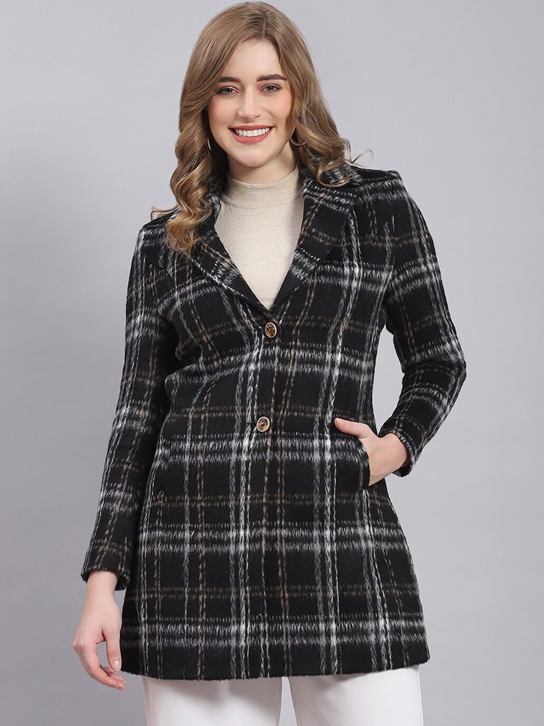 

Monte Carlo Checked Notched Lapel Woollen Overcoat, Black