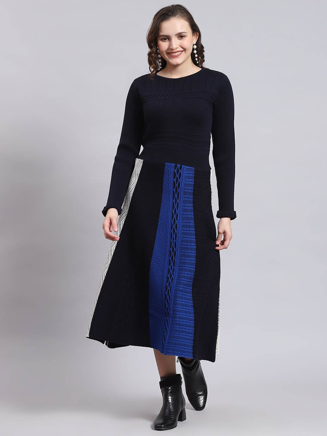 

Monte Carlo Self Design A-Line Midi Dress, Navy blue
