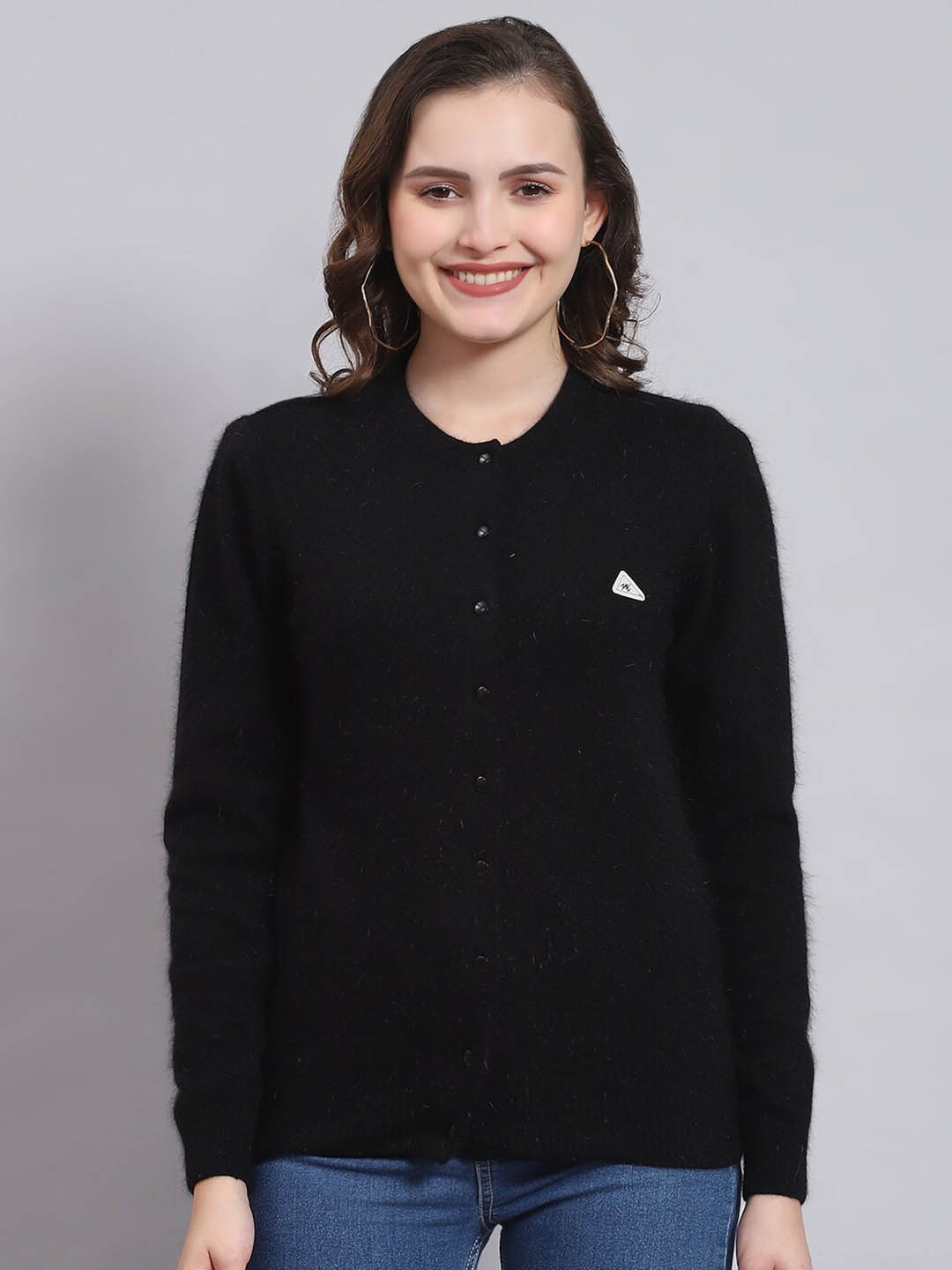 

Monte Carlo Round Neck Woollen Cardigan Sweater, Black