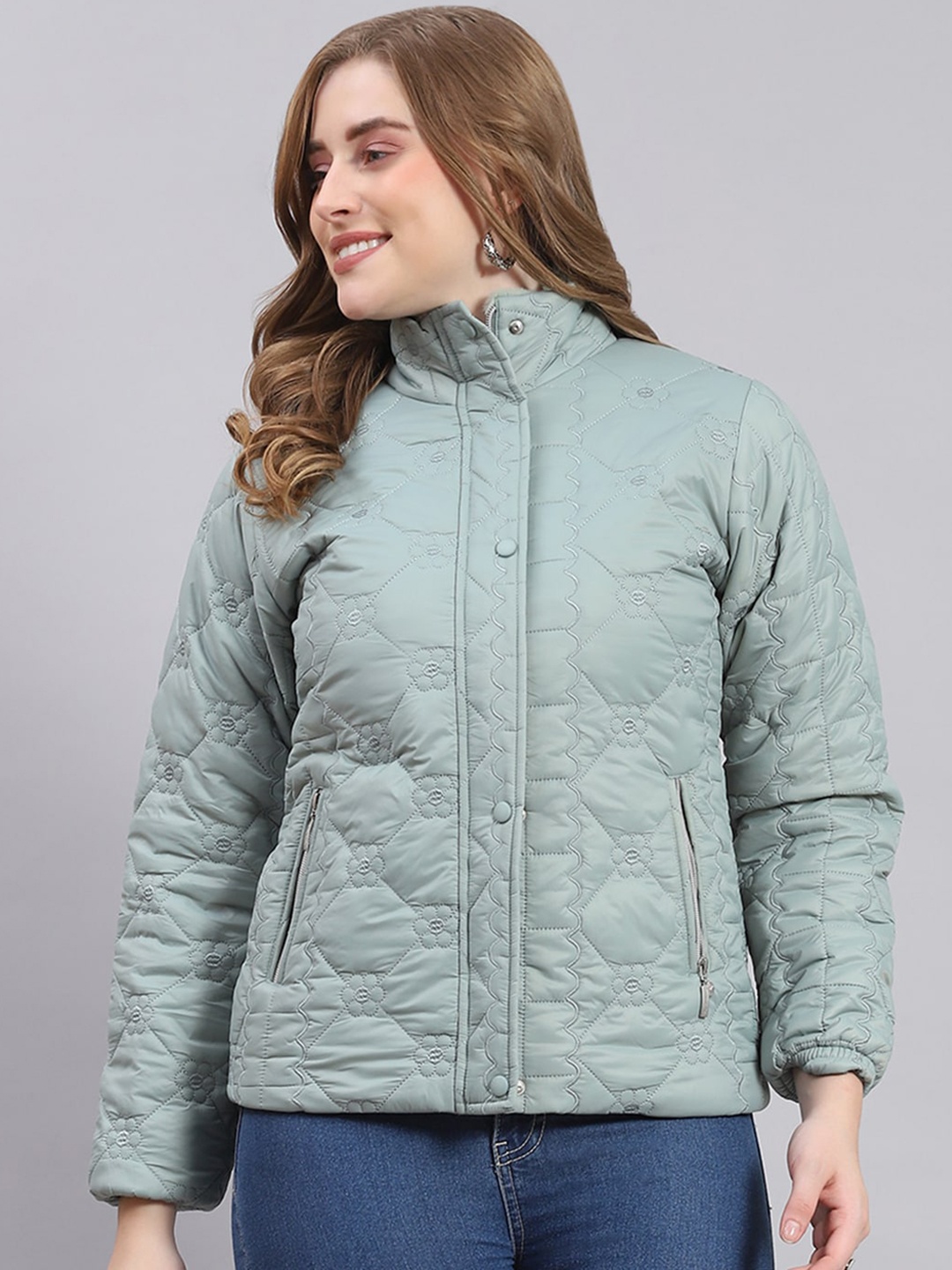 

Monte Carlo Self Designed Mock Collar Lightweight Puffer Jacket, Green