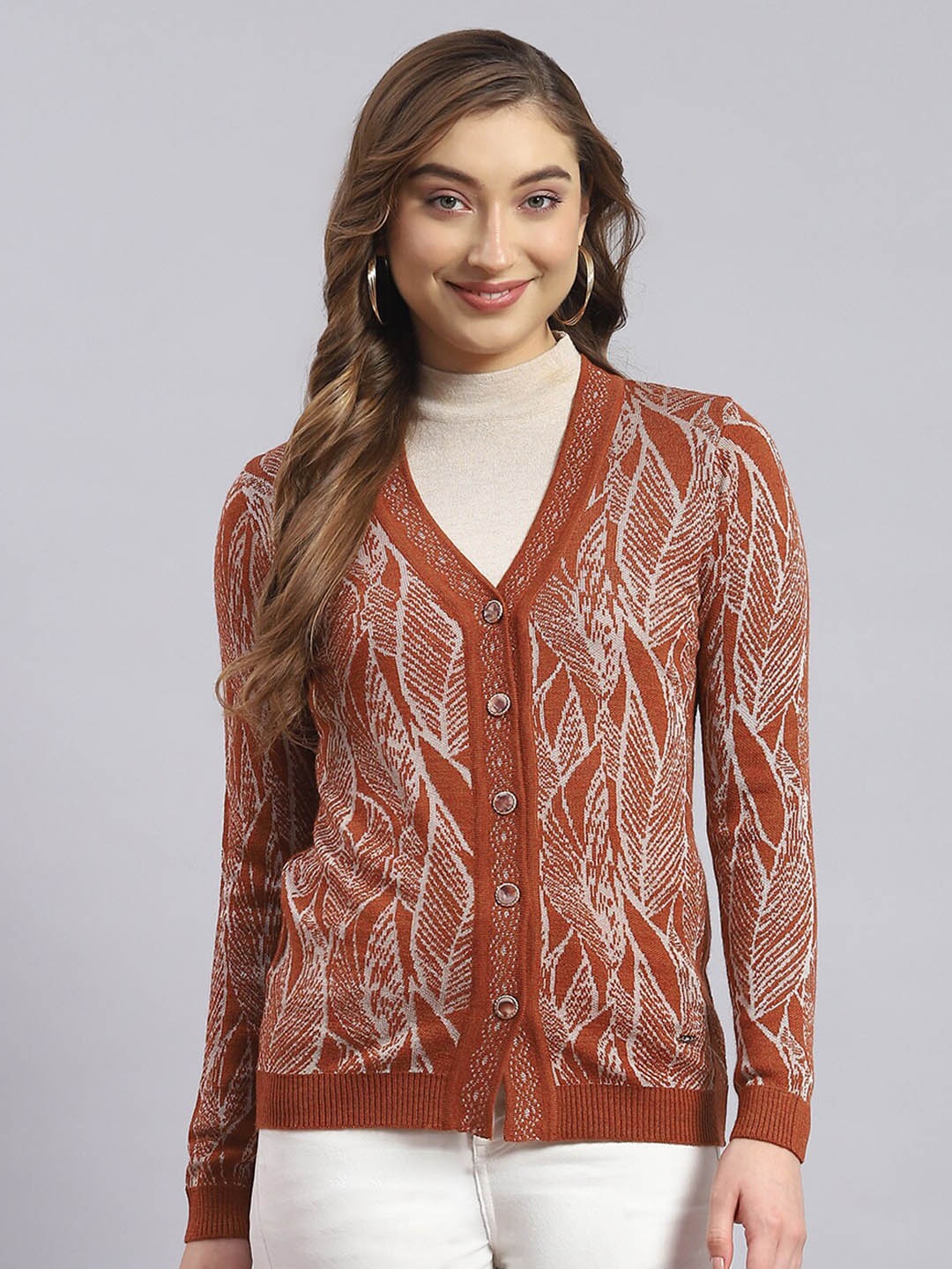 

Monte Carlo Self Design V-Neck Cardigan, Brown