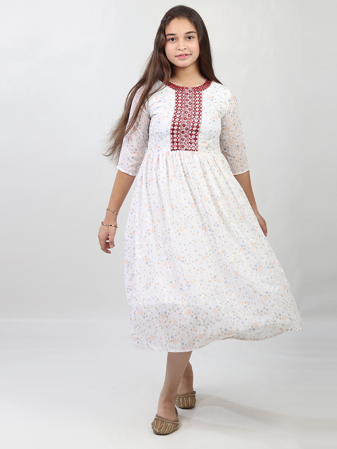 

BAESD Girls Polka Dots Printed Embroidered Georgette A-Line Midi Ethnic Dress, White