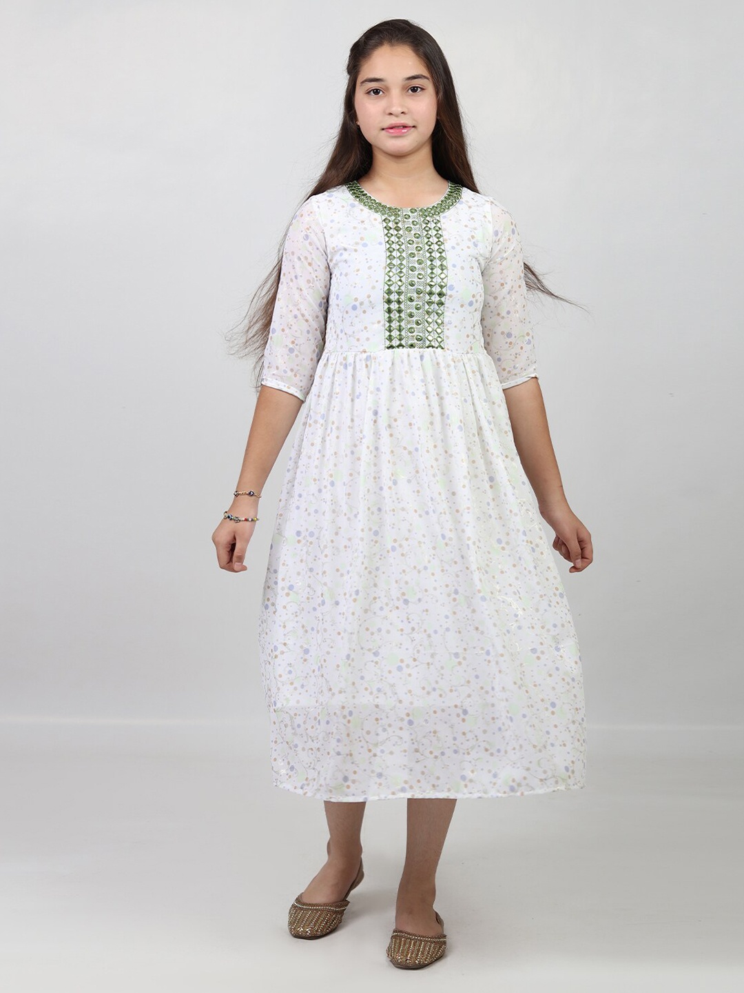 

BAESD Girls Floral Printed Gathered Mirror Work Fit & Flare Ethnic Dress, White