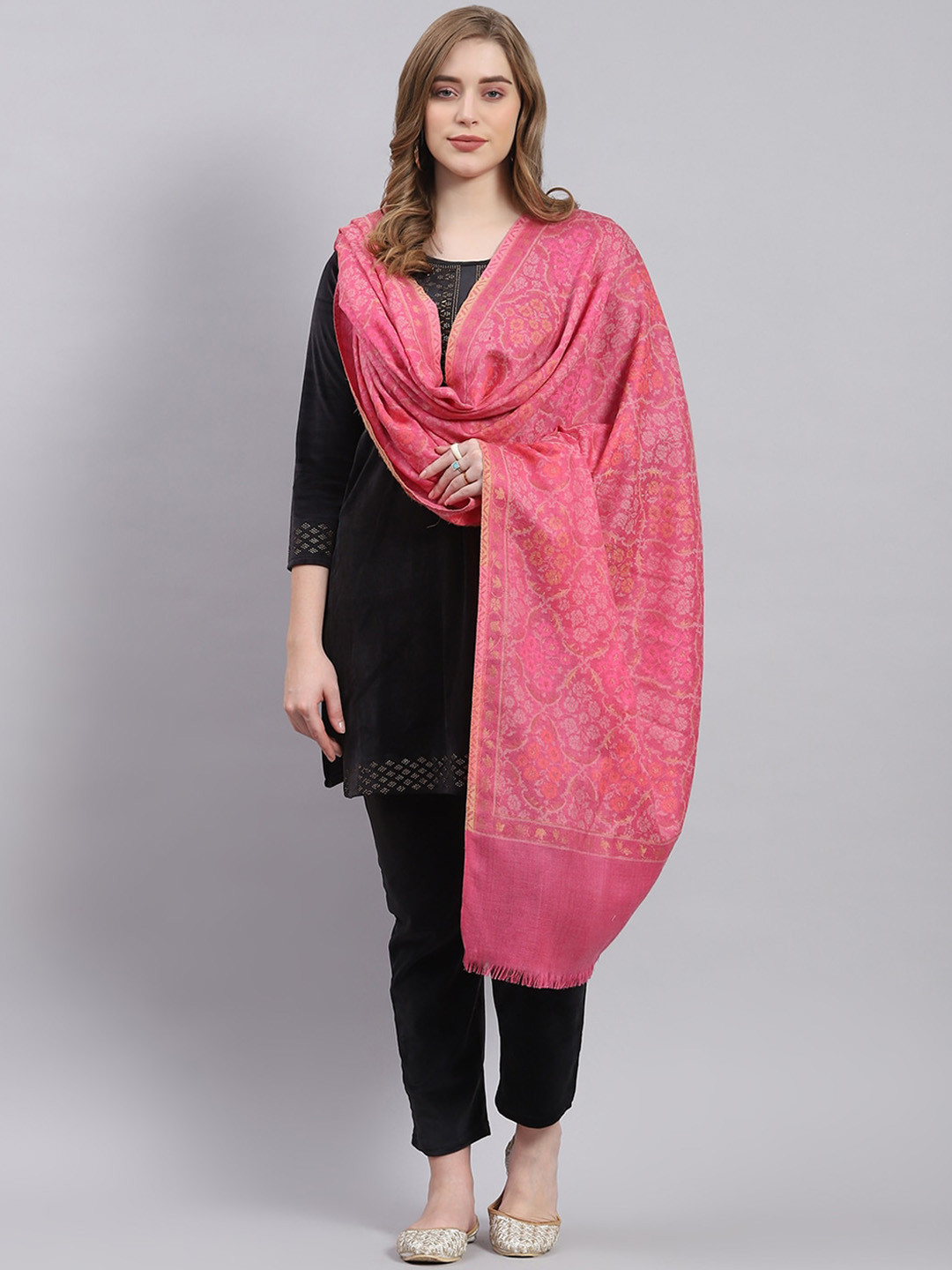 

Monte Carlo Ethnic Motifs Woven Design Pure Wool Shawl, Pink