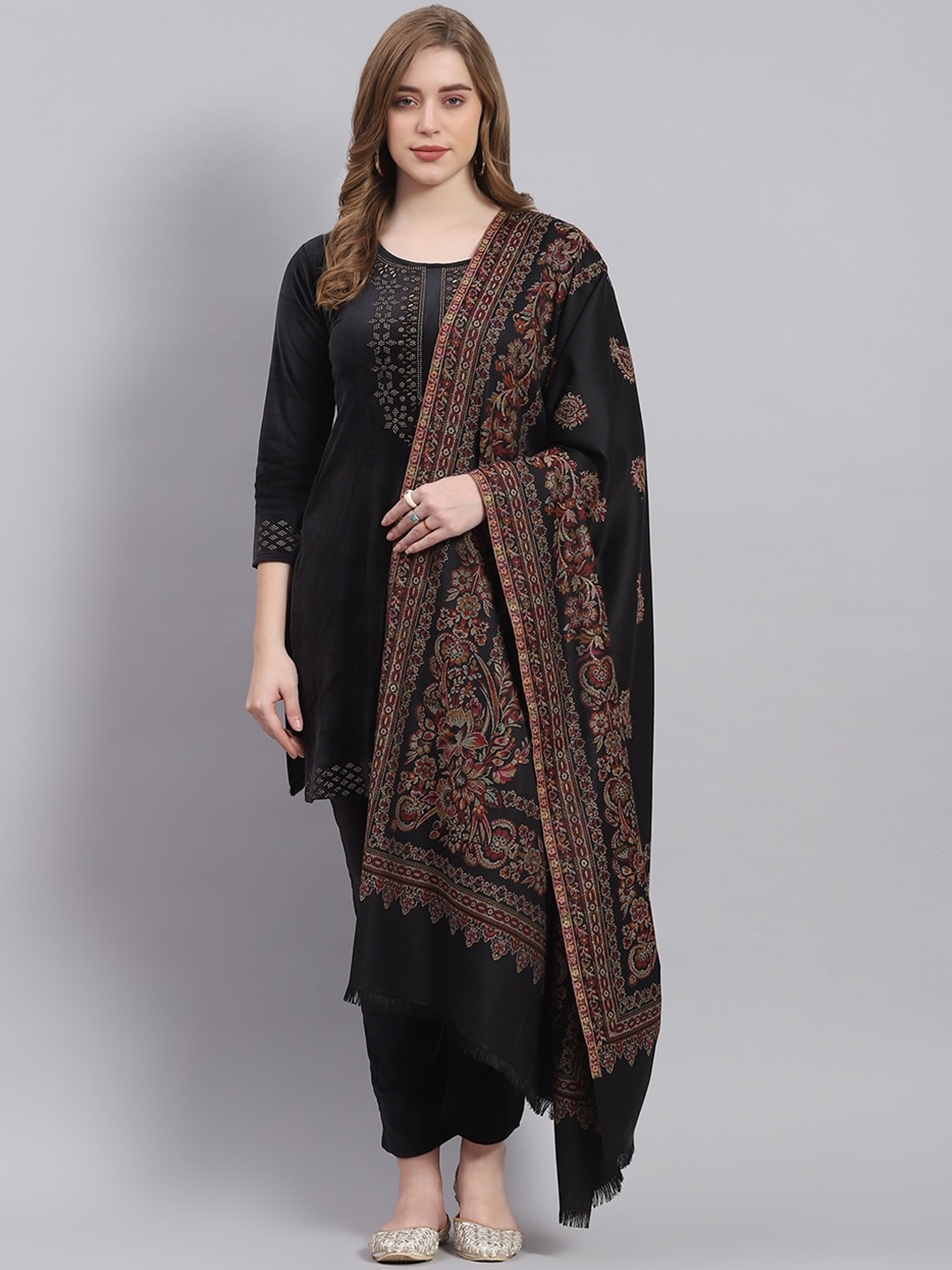 

Monte Carlo Ethnic Motifs Woven Design Pure Wool Shawl, Black
