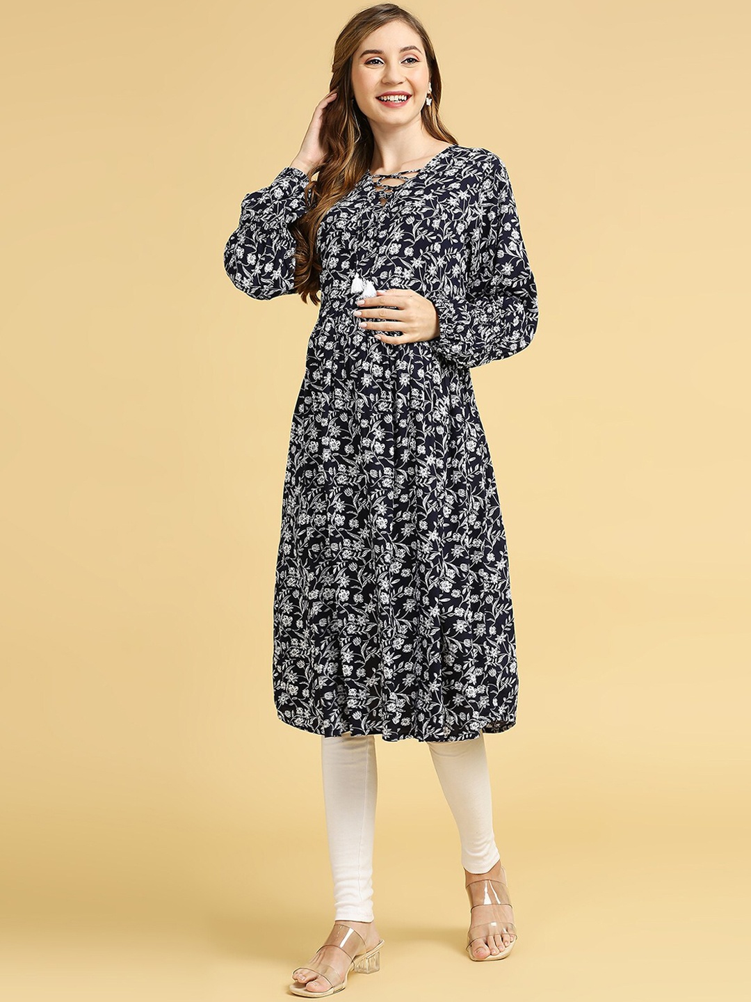 

MomToBe Floral Printed Maternity A-Line Kurta, Navy blue