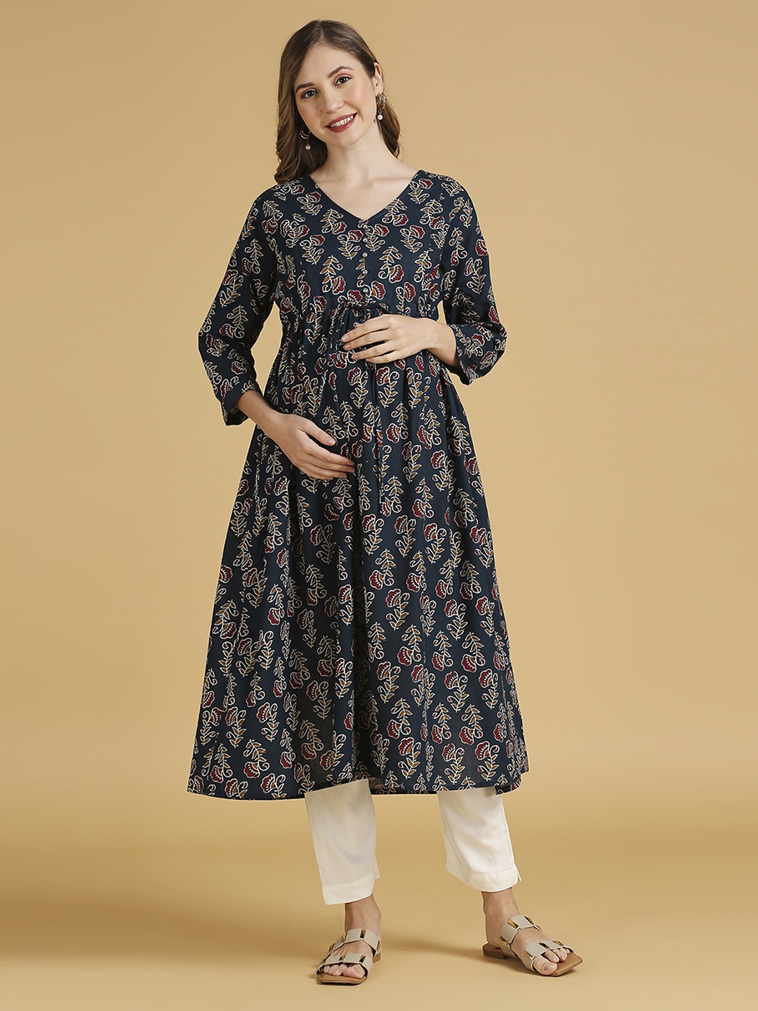 

MomToBe Floral Printed Maternity A-Line Kurta, Navy blue