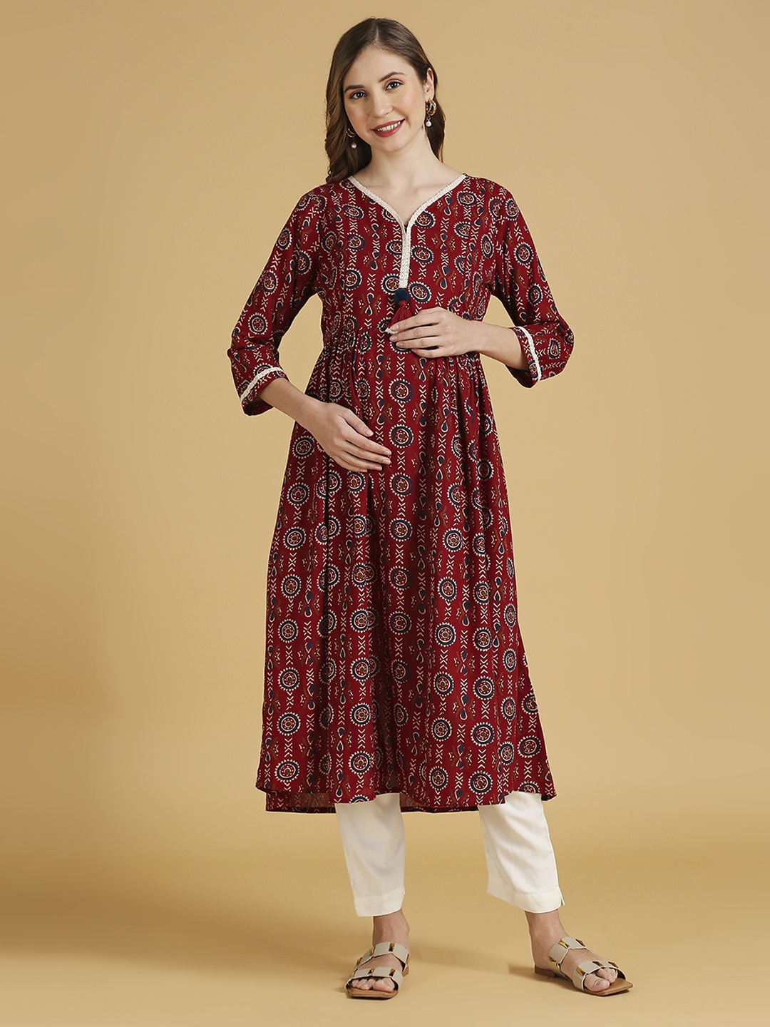 

MomToBe Ethnic Motif Printed Maternity A-Line Kurta, Maroon