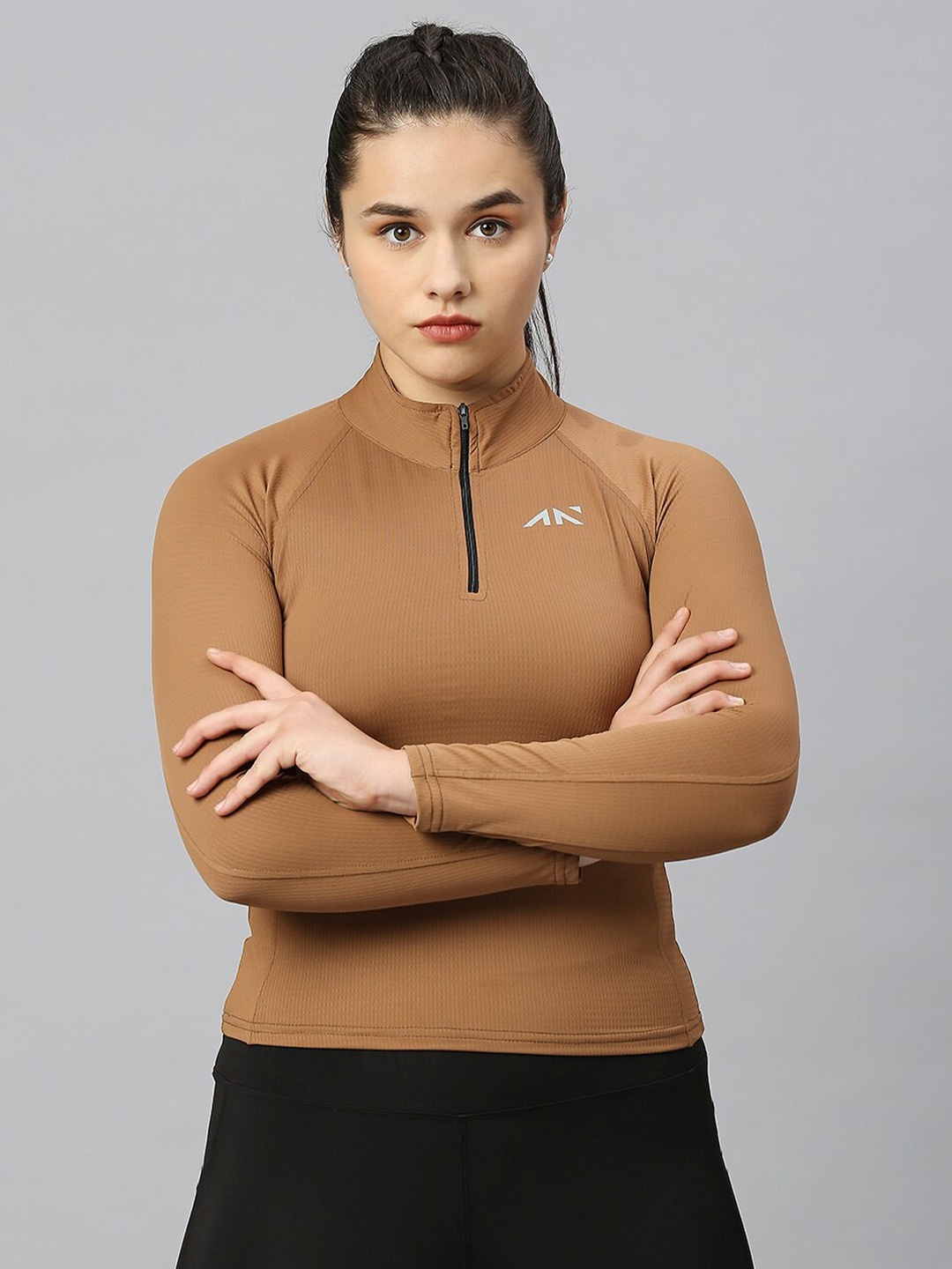 

AESTHETIC NATION High Neck Fitted Sports Top, Tan