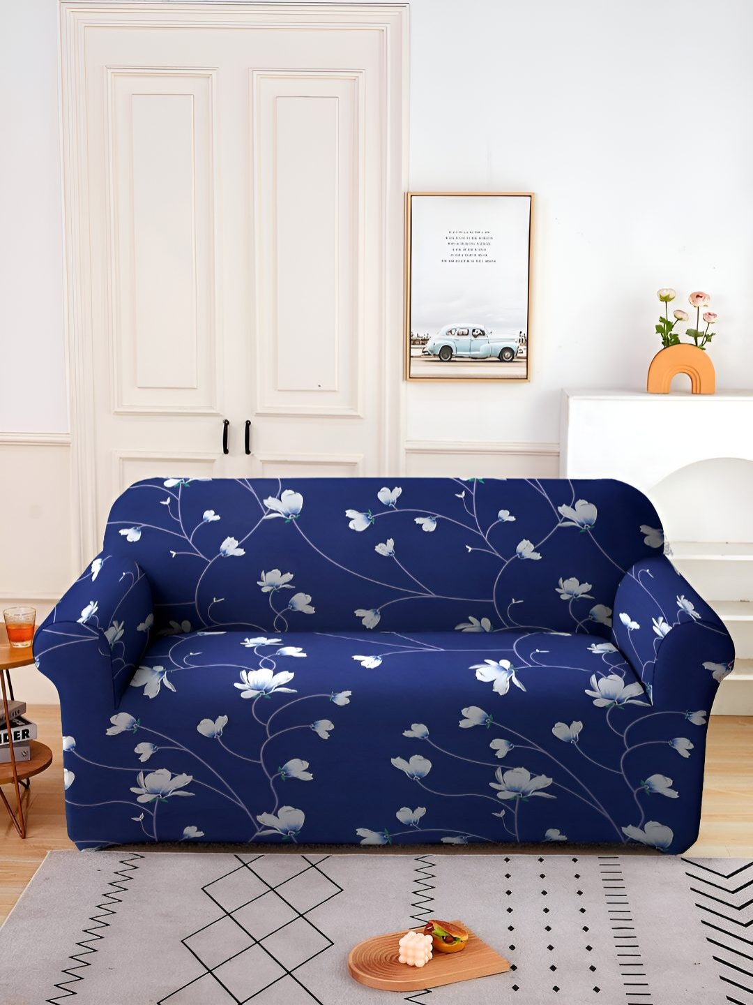 

Stuff N' Fluff Navy Blue & White Floral Super-Stretchable 2-Seater Sofa Cover With Arms