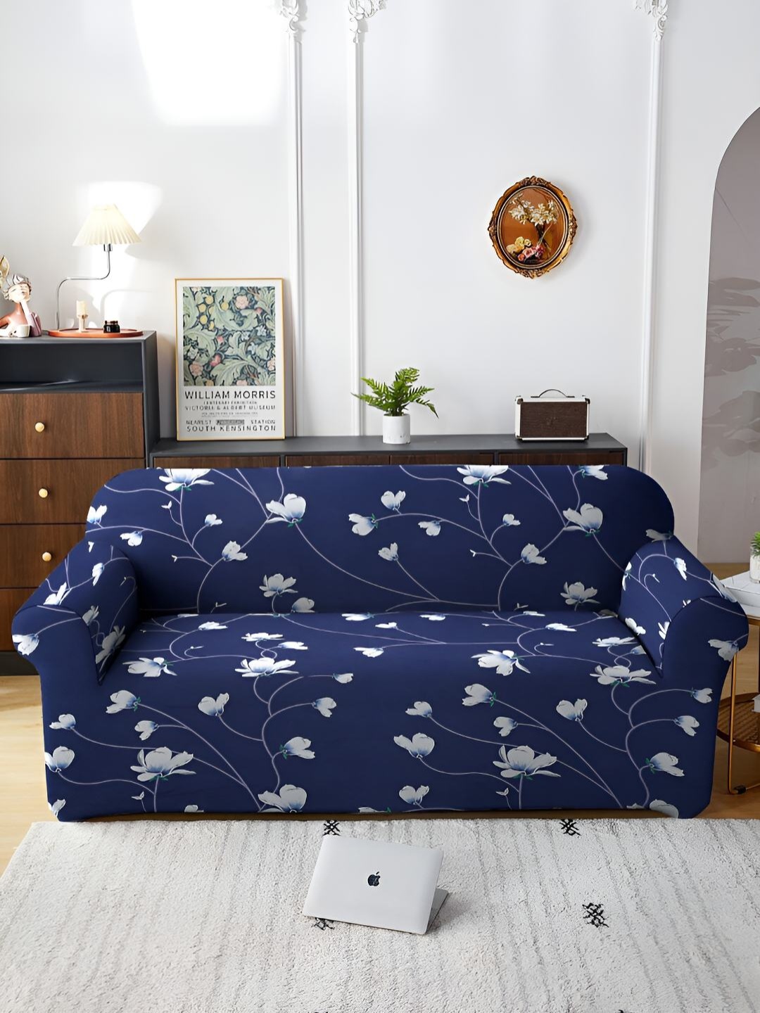 

Stuff N' Fluff Navy Blue & White Floral Super-Stretchable 3-Seater Sofa Cover With Arms