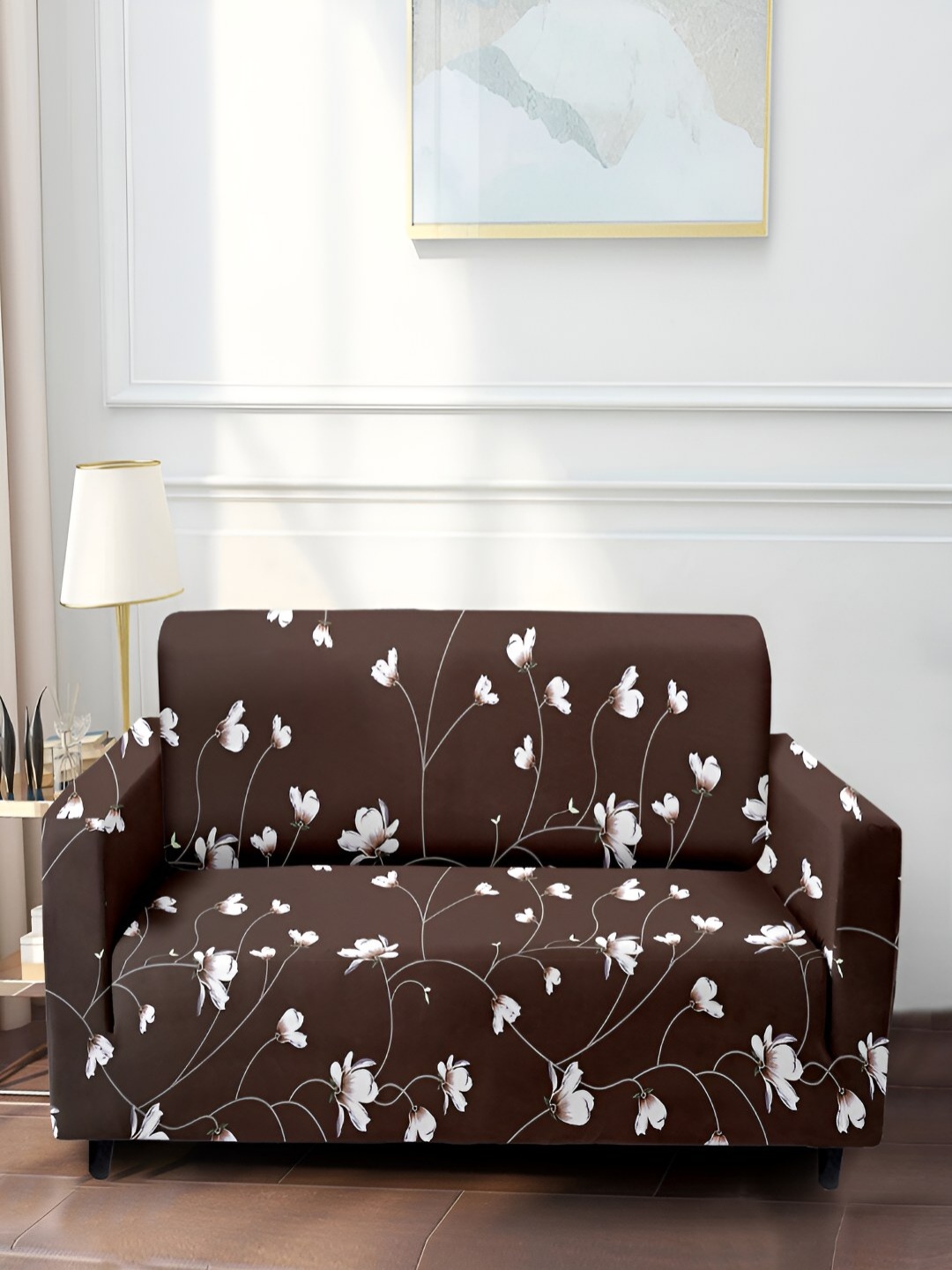 

Stuff N' Fluff Brown & White Floral Printed 3 Seater Sofa Cover With Arms