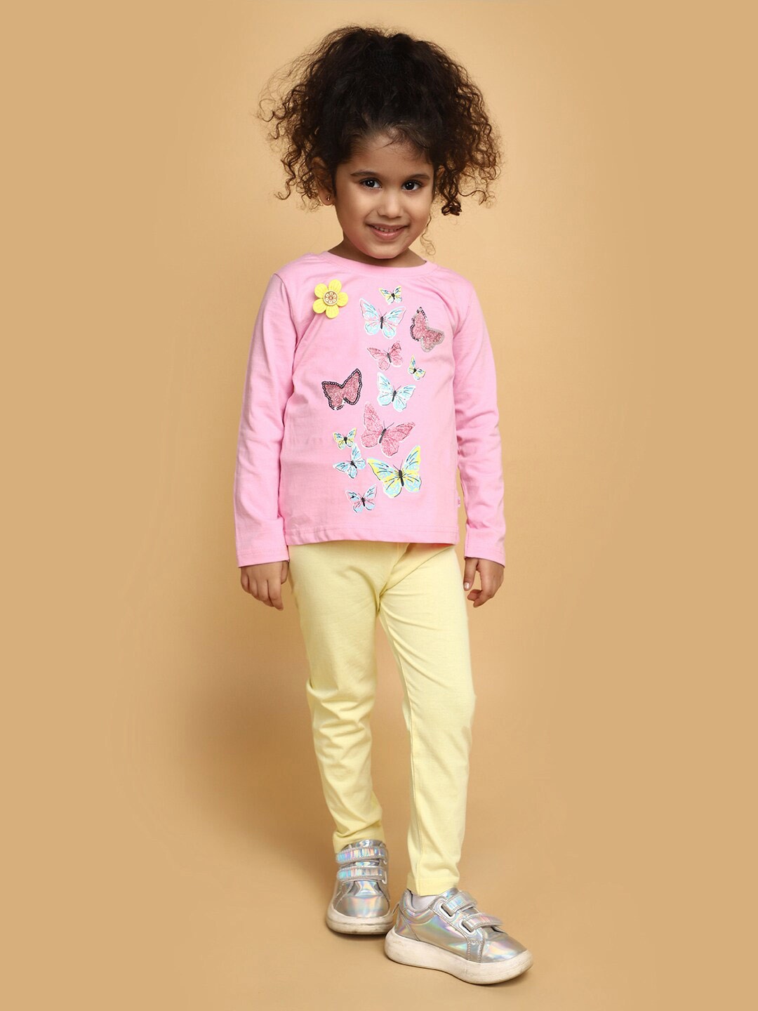 

V-Mart Girls Printed Pure Cotton Top with Leggings, Pink