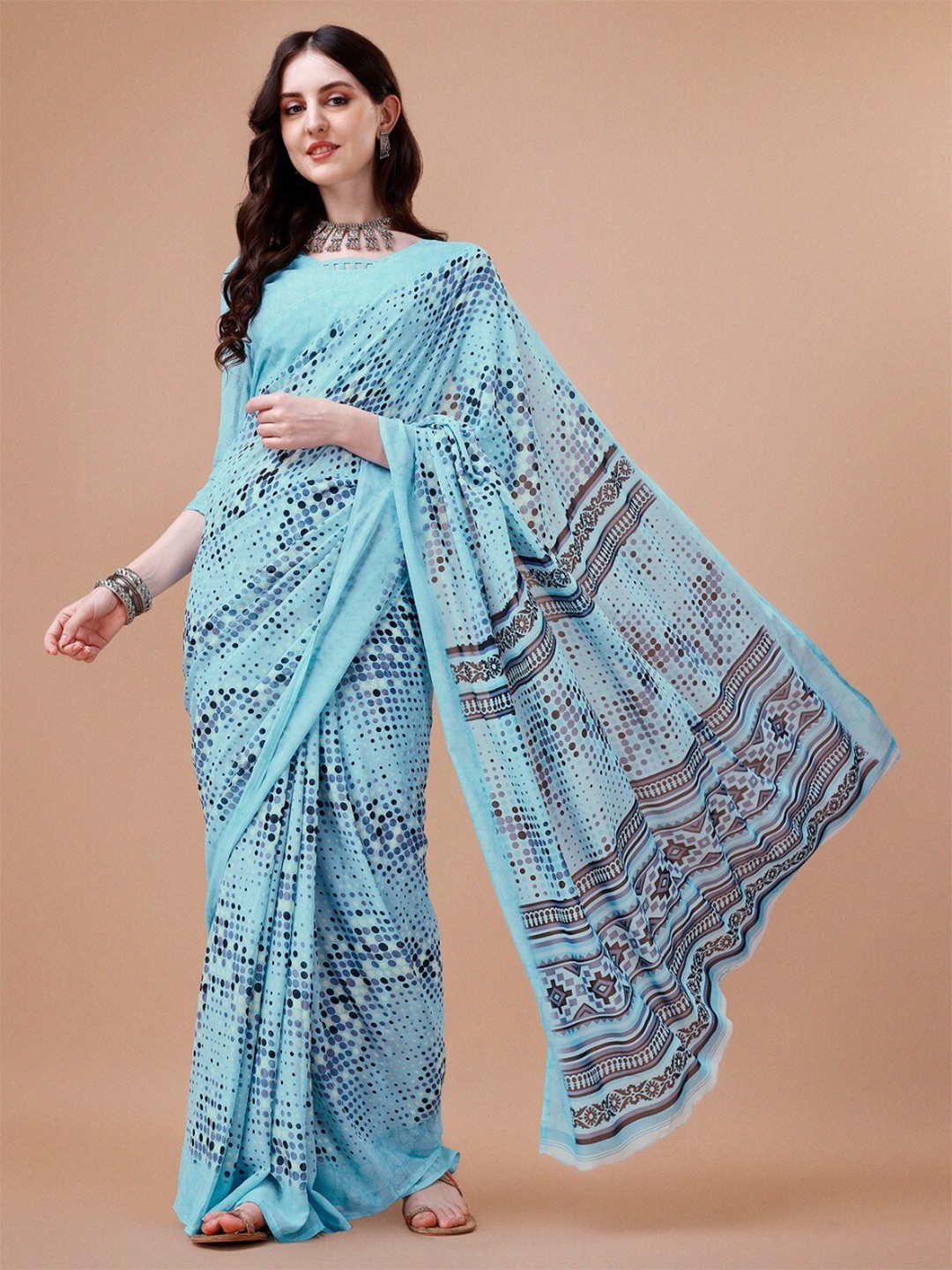 

Dori Geometric Printed Pure Georgette Saree, Turquoise blue