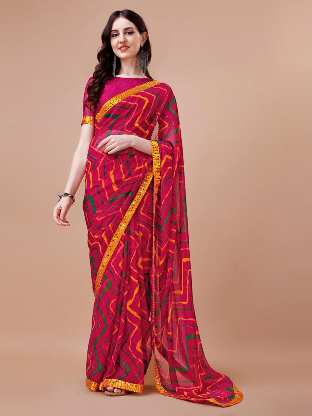 

Dori Leheriya Printed Pure Chiffon Saree, Pink