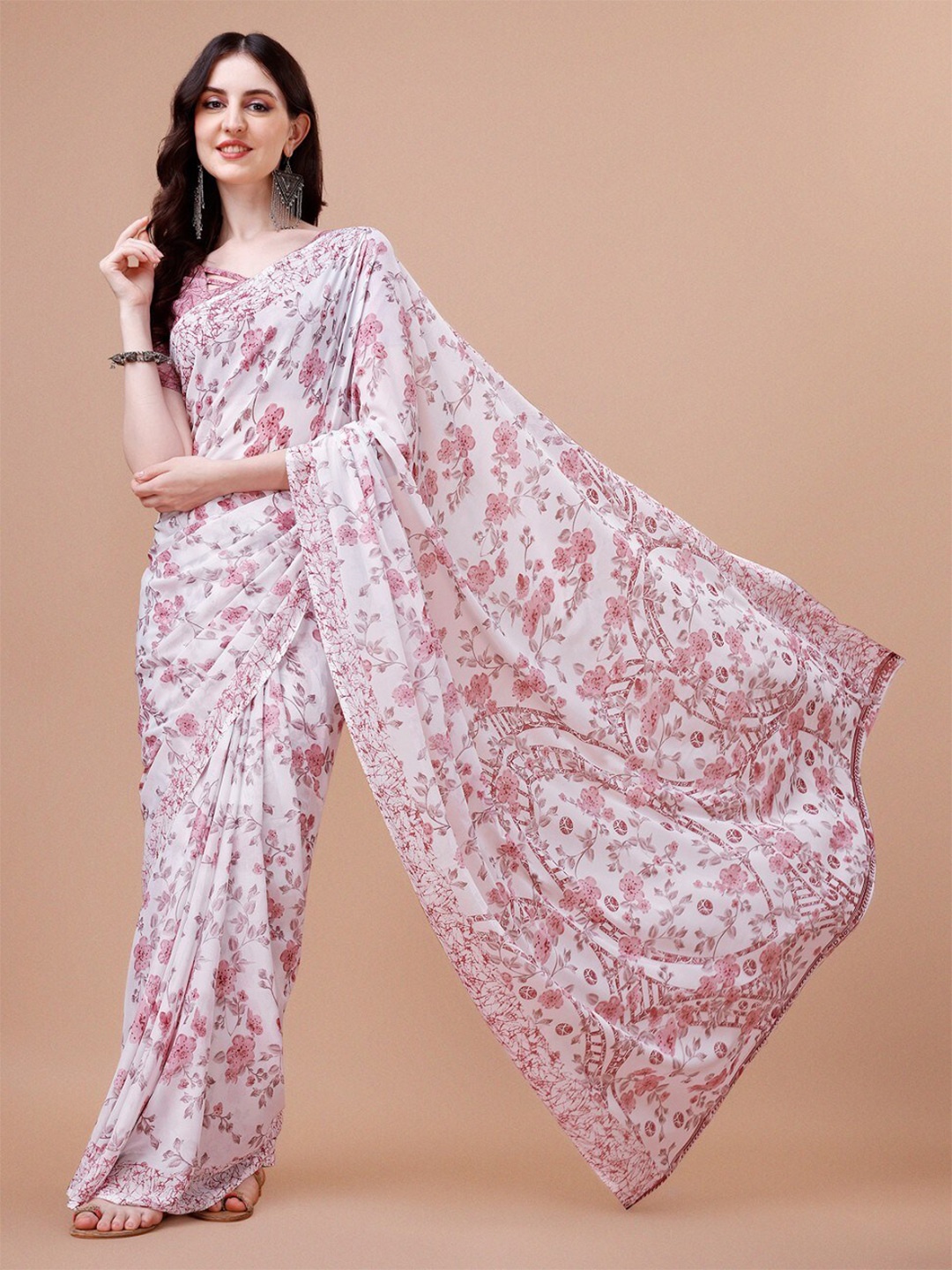 

Dori Floral Printed Pure Georgette Saree, Pink