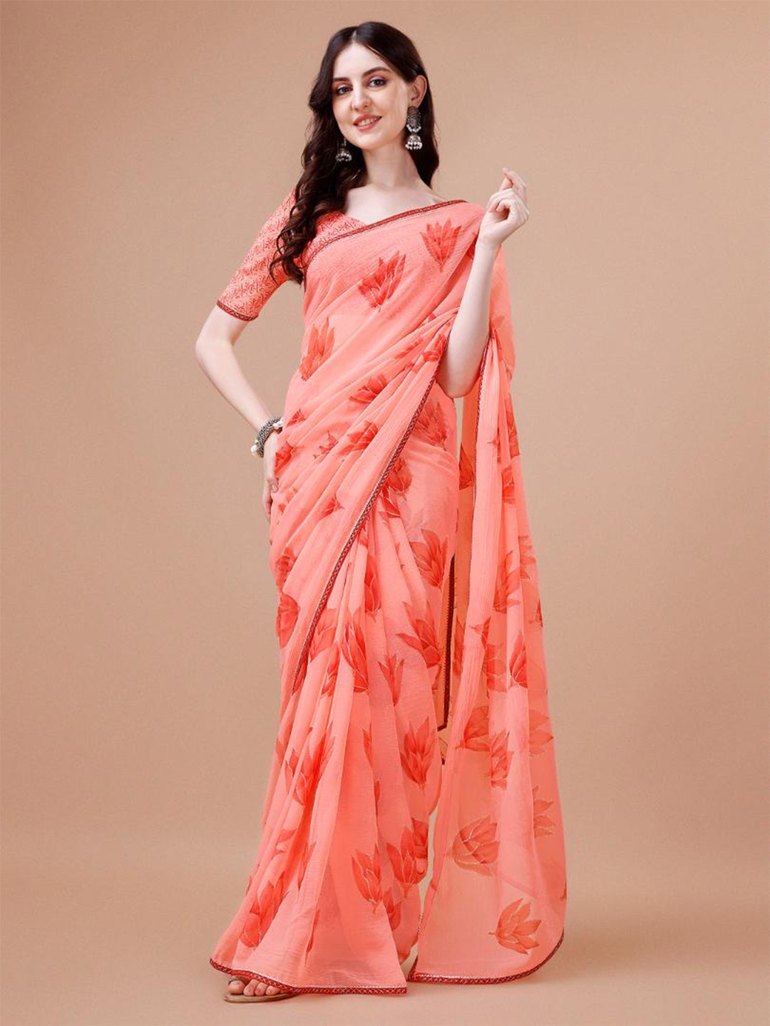 

Dori Floral Printed Pure Chiffon Saree, Peach