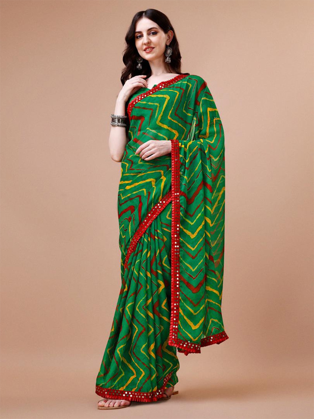 

Dori Leheriya Printed Mirror Work Pure Chiffon Saree, Green