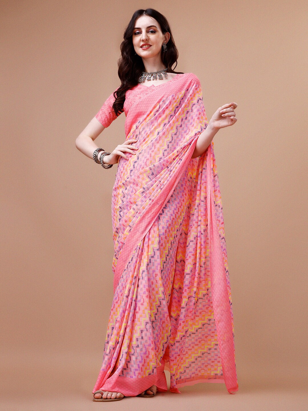 

Dori Geometric Printed Pure Georgette Saree, Pink